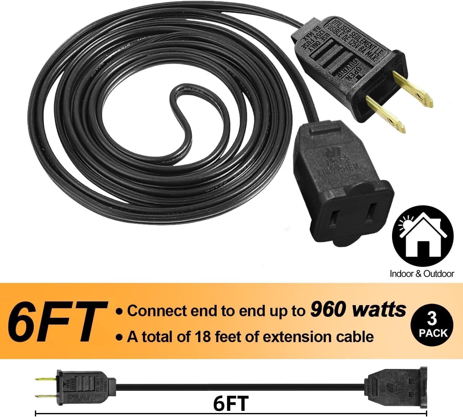 6 FT 18AWG Thicker Black Polarized Extension Cord, 3 Pack US AC 2-Prong Male/Female Outlet 8A/120V/960W Power Outdoor Extension Cord for Halloween Christmas Lights, Low-Power Appliances Connection
