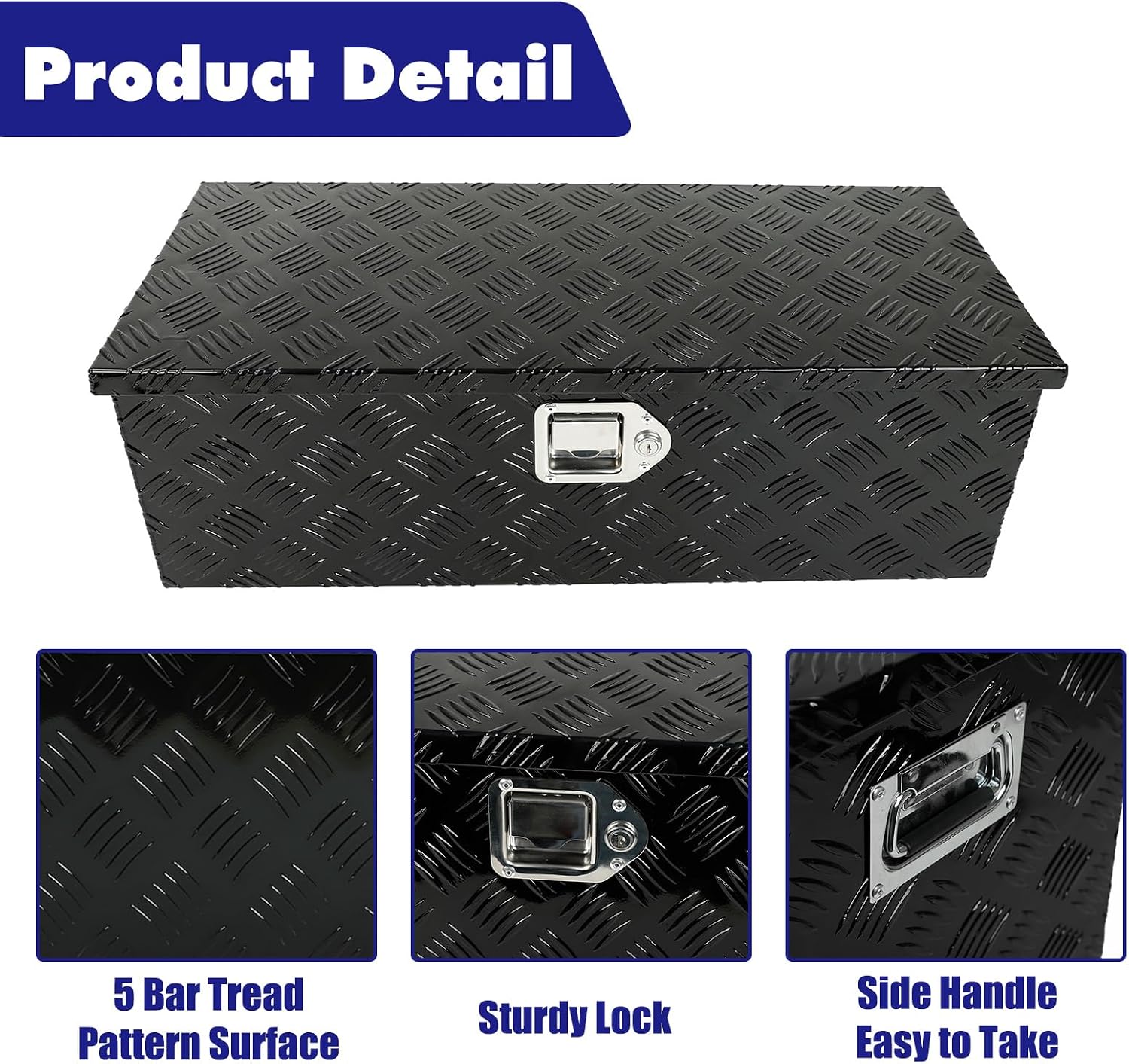 Aluminum 5 Bar Tread Tool Box Truck Car Outdoor Trailer Pickup Underbody Toolbox RV Storage Organizer with Lock Latch Keys Black 30" X 13" X 10"