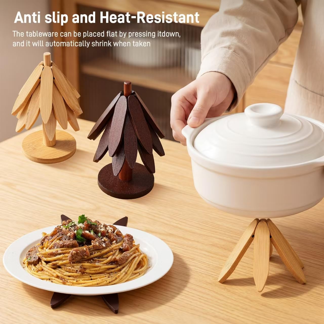 DecBeLiv Foldable Tree Trivet Wooden Hot Plate Holder, Bamboo Trivet for Hot Dishes, Heat-Resistant Pot Holder Tree for BBQ, Picnic, Outdoor Dining & Kitchen Decor image 4