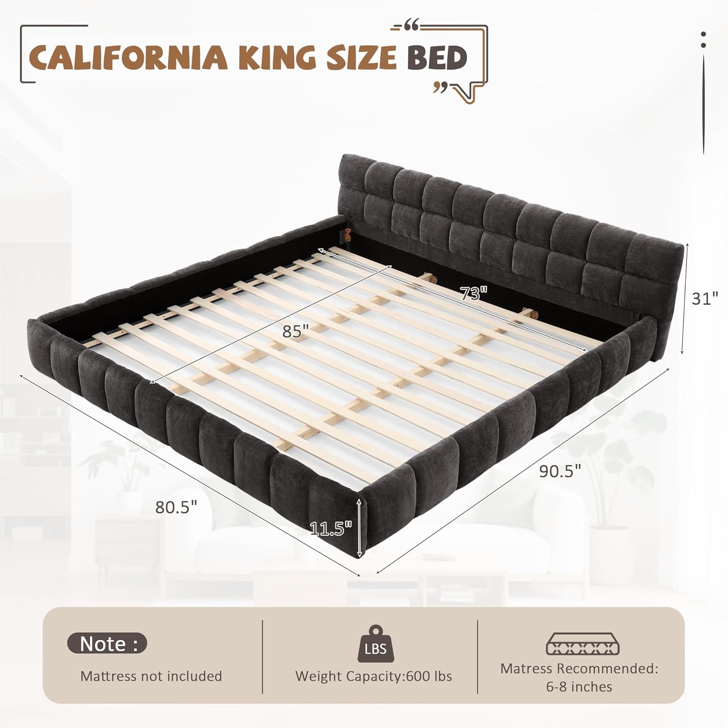 California King Size Upholstered Bed Frame with Thick Chenille Fabric, Tufted Headboard Platform Bed, Solid Wood Frame, Modern Low Profile Design for Bedroom,Sturdy Grounded Base, No Box Spring Needed