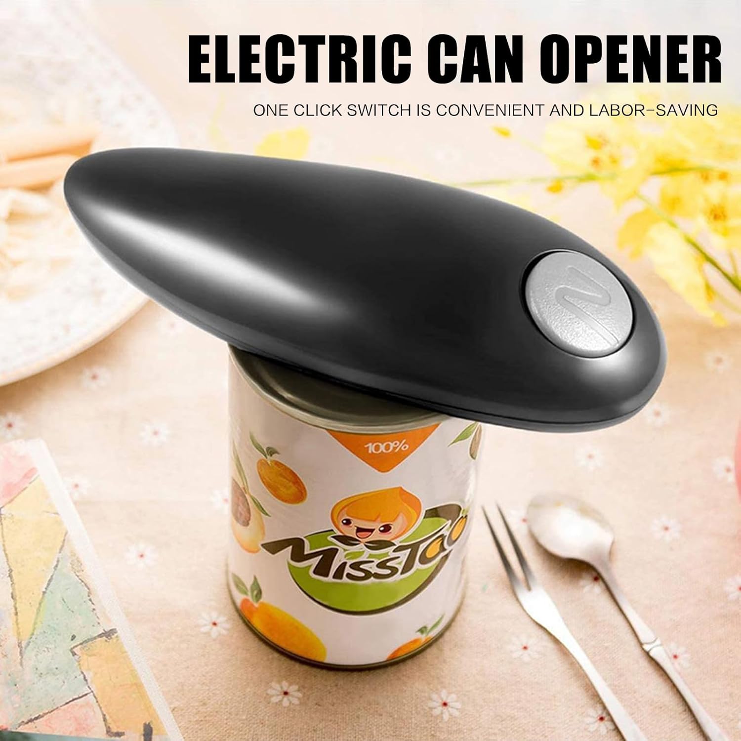 Electric Can Opener, Open Your Cans with A Simple Press of Button - Automatic, Hands Free, Smooth Edge,Can Opener Electric for Home Kitchens and Seniors,Battery Operated (Black), undersize