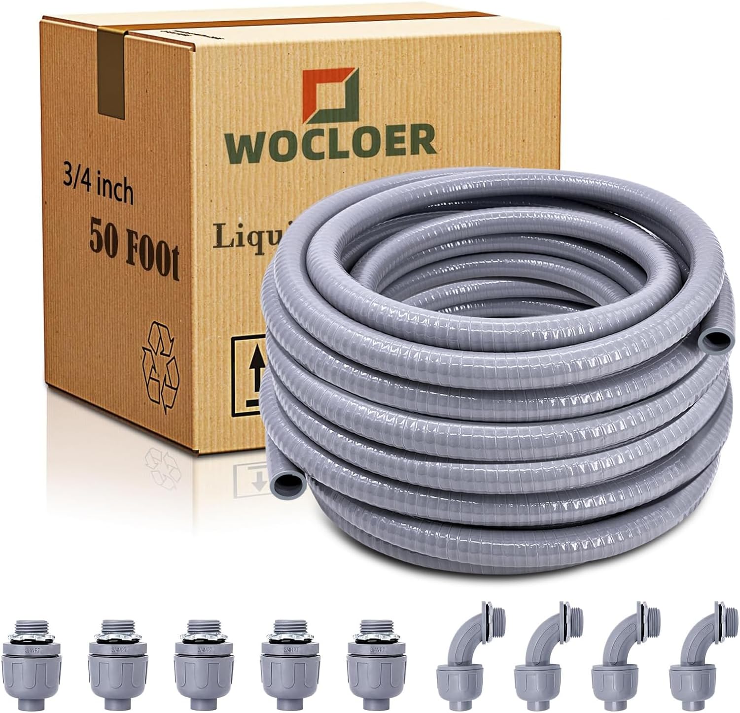 50ft 3/4" Flexible Liquid-Tight PVC Conduit Kit - Grey, 3mm Thick, Includes 6 Straight & 5 Angle Fittings