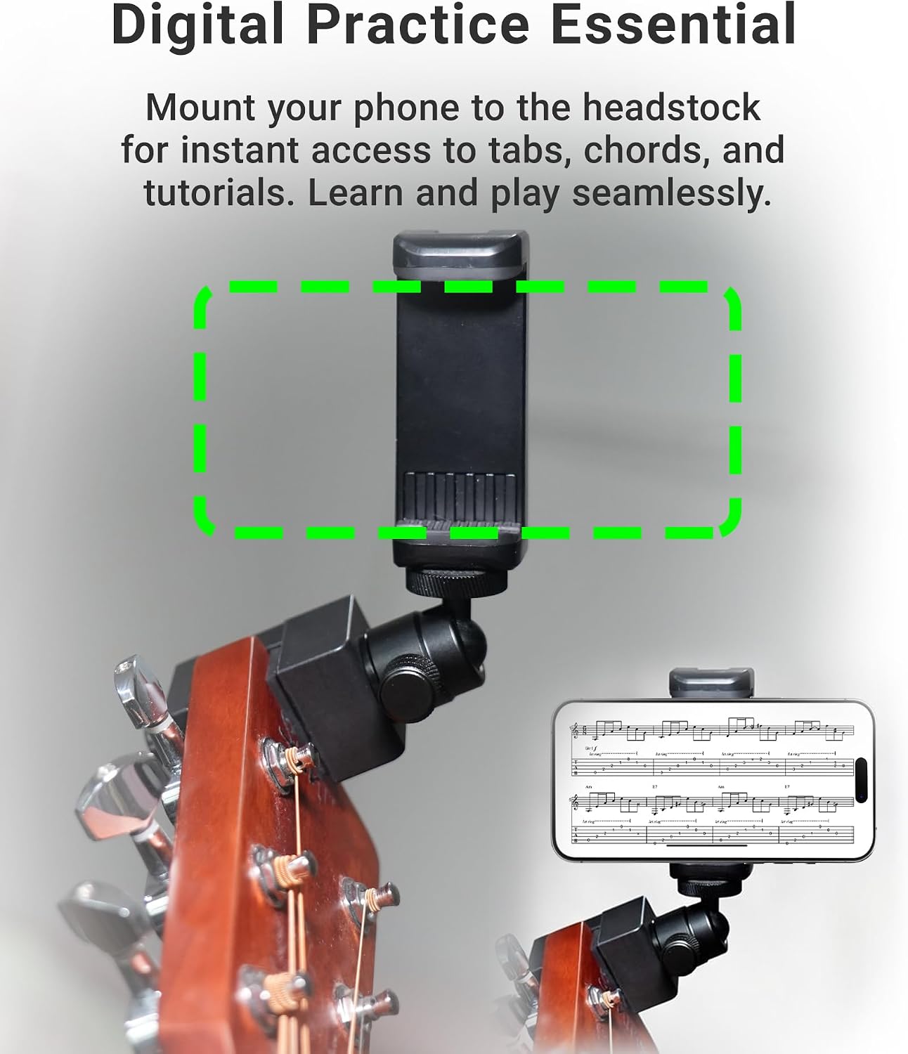 Guitar Phone Holder (Stable, Lightweight) Headstock Mount for Video Recording, Digital Sheet Music Accessories for Guitar/Electric Guitar/Bass | ORLNK GM1