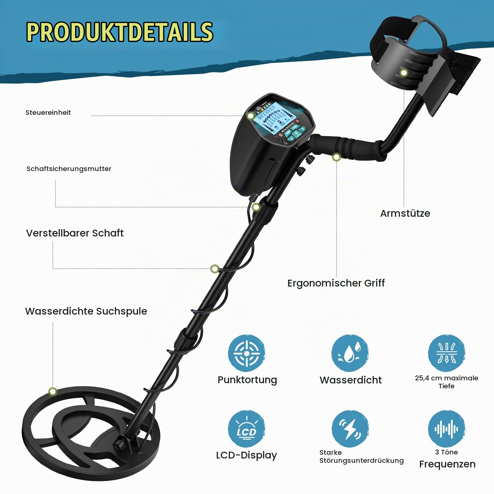 Metalldetektor Profi für Erwachsene und Kinder, einstellbare Länge (113–141 cm), Metalldetektor Set mit IP68 wasserdichter Suchspule