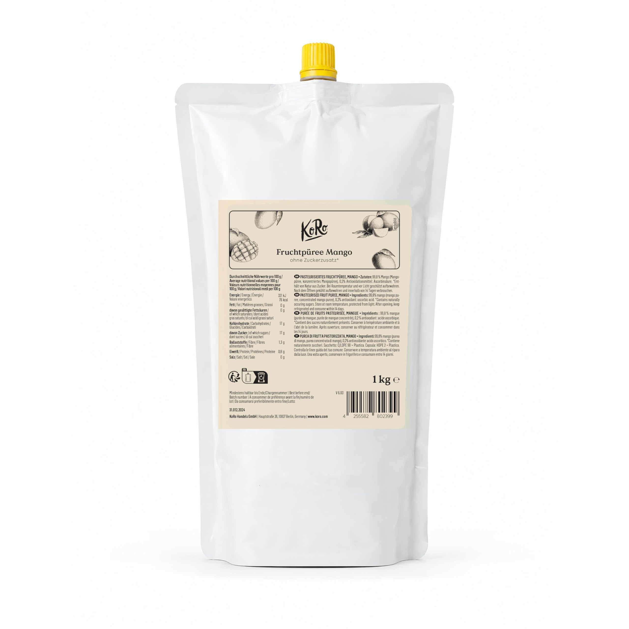 KoRo – Purée de mangues 1 kg – Sans sucre ajouté– 100 % mangue –En cuisine, pâtisserie, ou à la cuillère