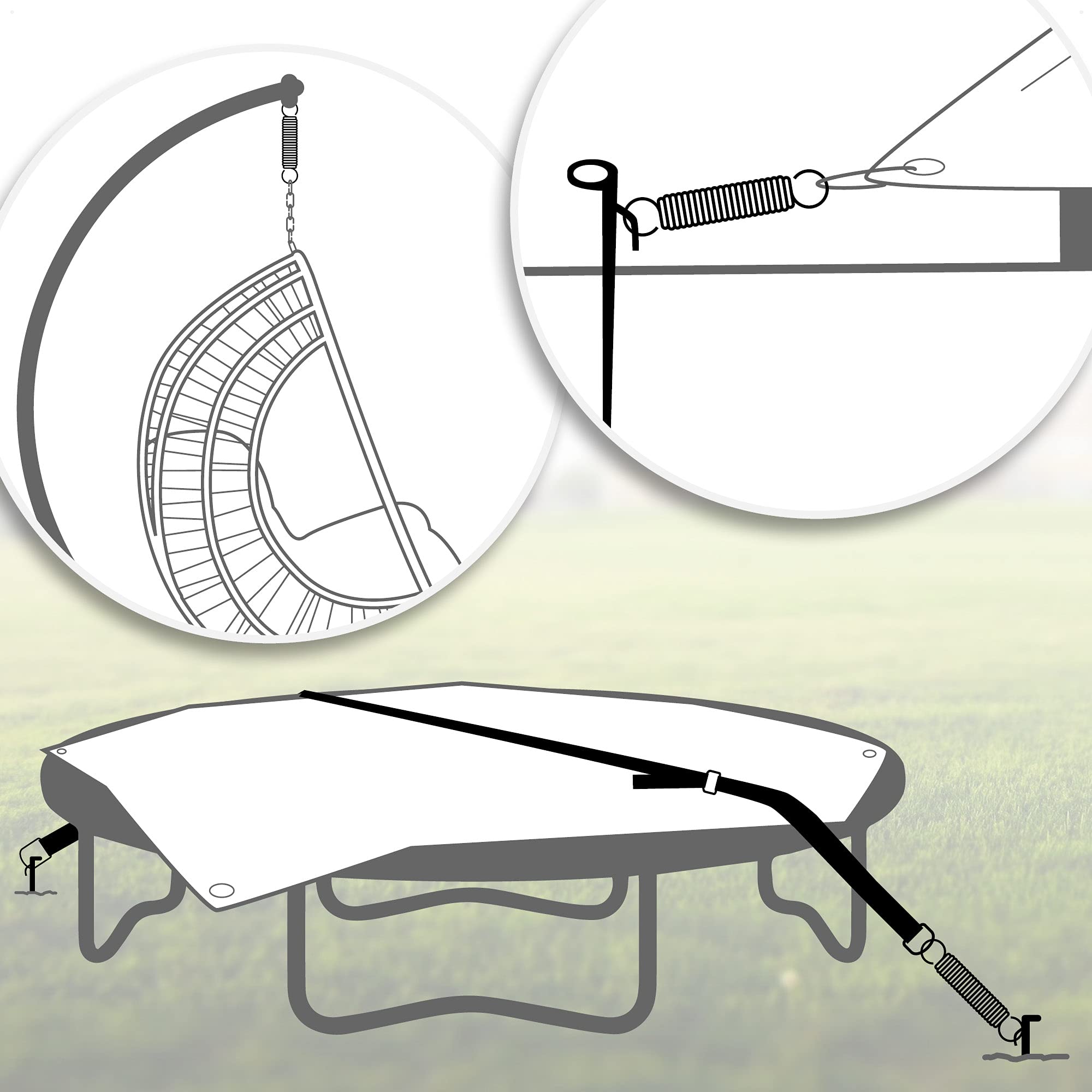COM-FOUR® Set 6 pezzi di cinghie anti-vento con piolo, molla, cintura e tiretto per pioli - cinghie anti-vento per tenda da sole - attacco per tenda (06 pz. - set di montaggio)