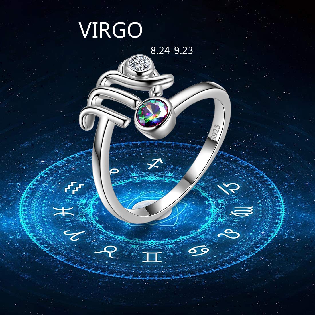Anello Zodiacale Argento 925 Regolabile - Topazio Arcobaleno E Zirconi Per Donne - Foto 13