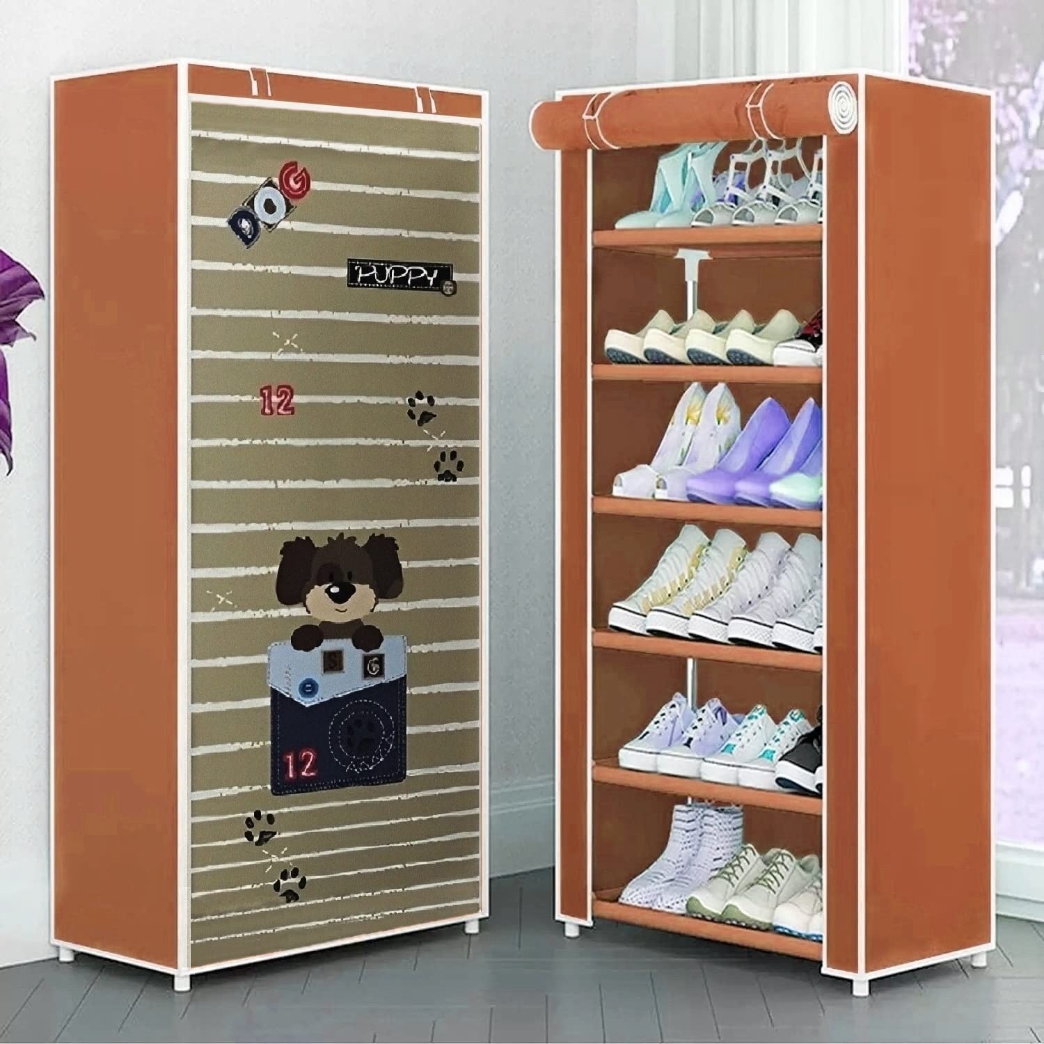 CMerchants Multipurpose Home Utility Portable Space Saving 6 Layer CUTTE Puppy Print Shoe Rack Organizer Stand Brown-image-36