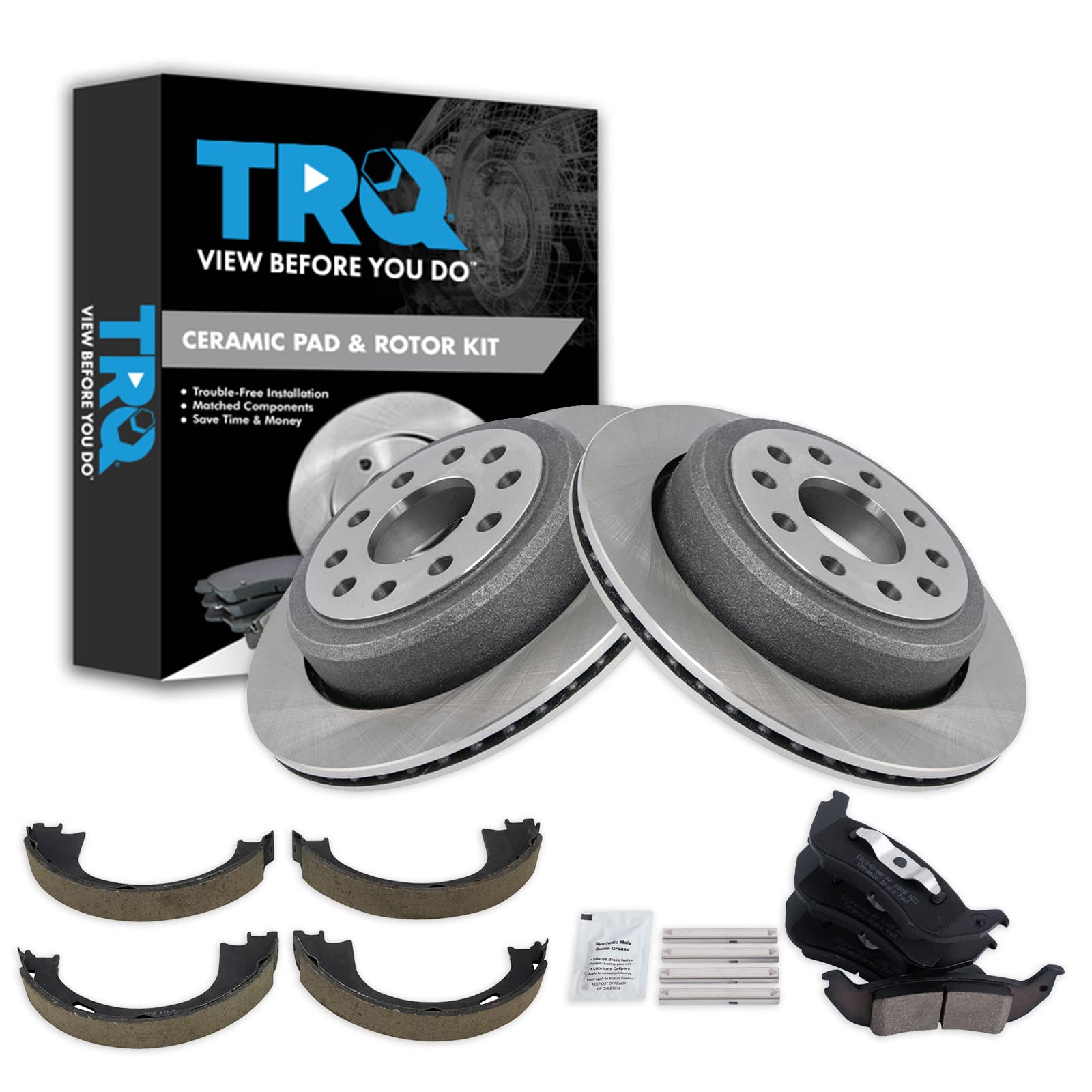TRQ Rear Brake Pad and Rotor Set Ceramic Parking Brake Shoe Compatible with 2005-2011 Lincoln Town Car