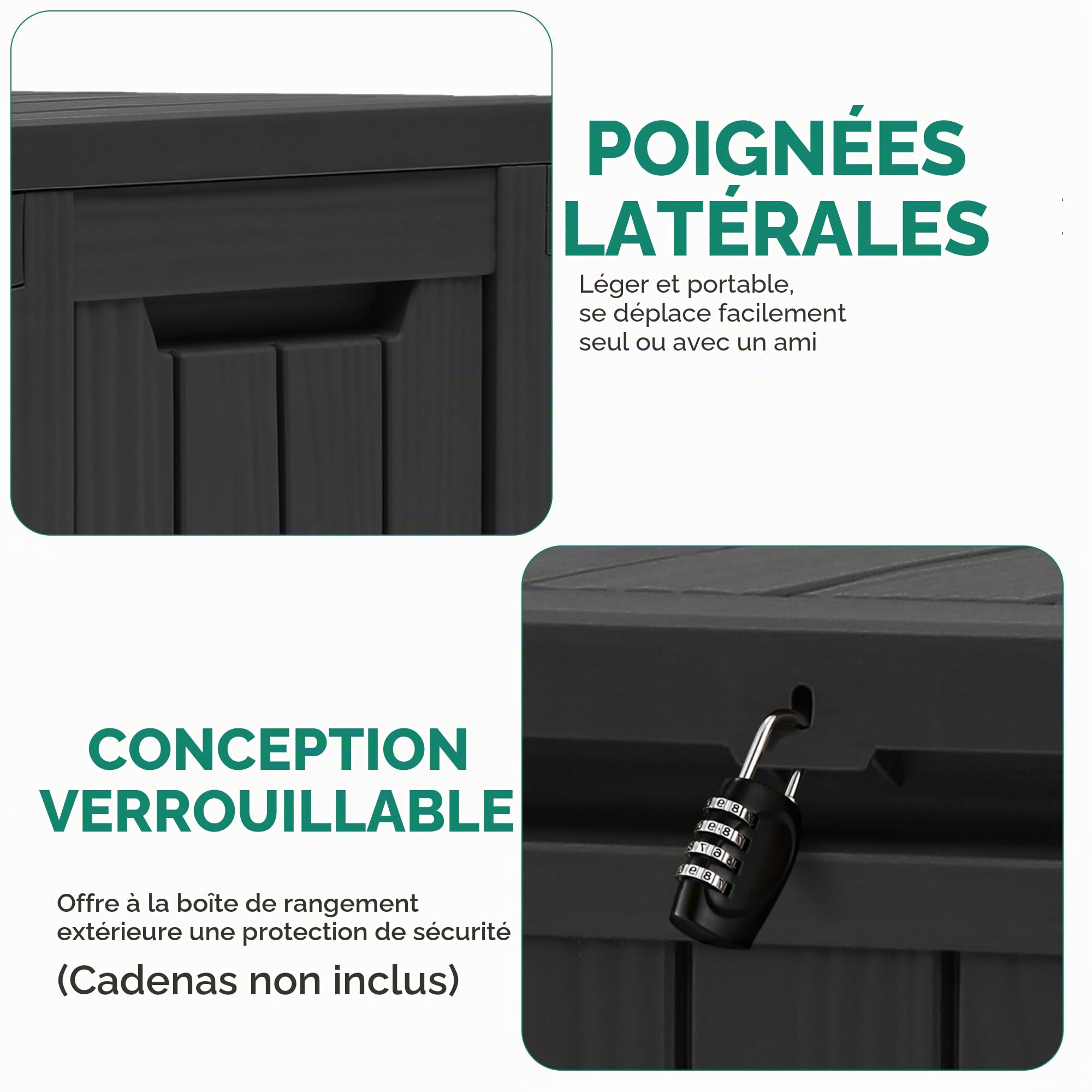 YITAHOME Boîte de rangement d'extérieur avec roulettes, coffre de terrasse en plastique de 270 L, coffre de jardin étanche pour coussins, outils et fournitures de piscine, verrouillable, imitation