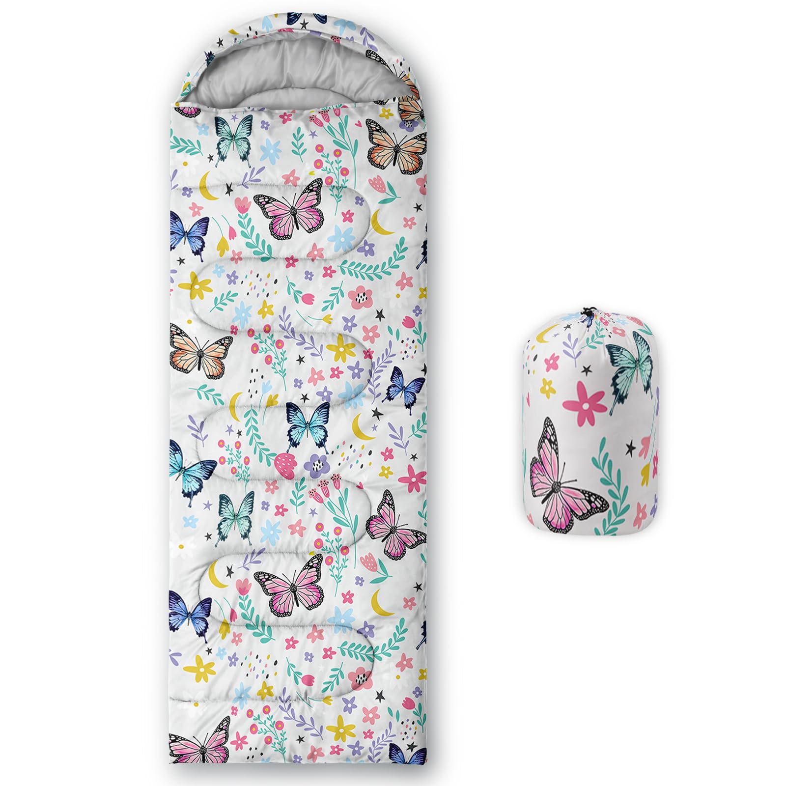 QOOMO Floral Butterfly Printed Camping Sleeping Bags,3 Season Warm & Cool Weather,Lightweight,Waterproof Sleeping Bags for Adults & Kids,Traveling,and Outdoors,Camping Gear Equipment,31x90inch