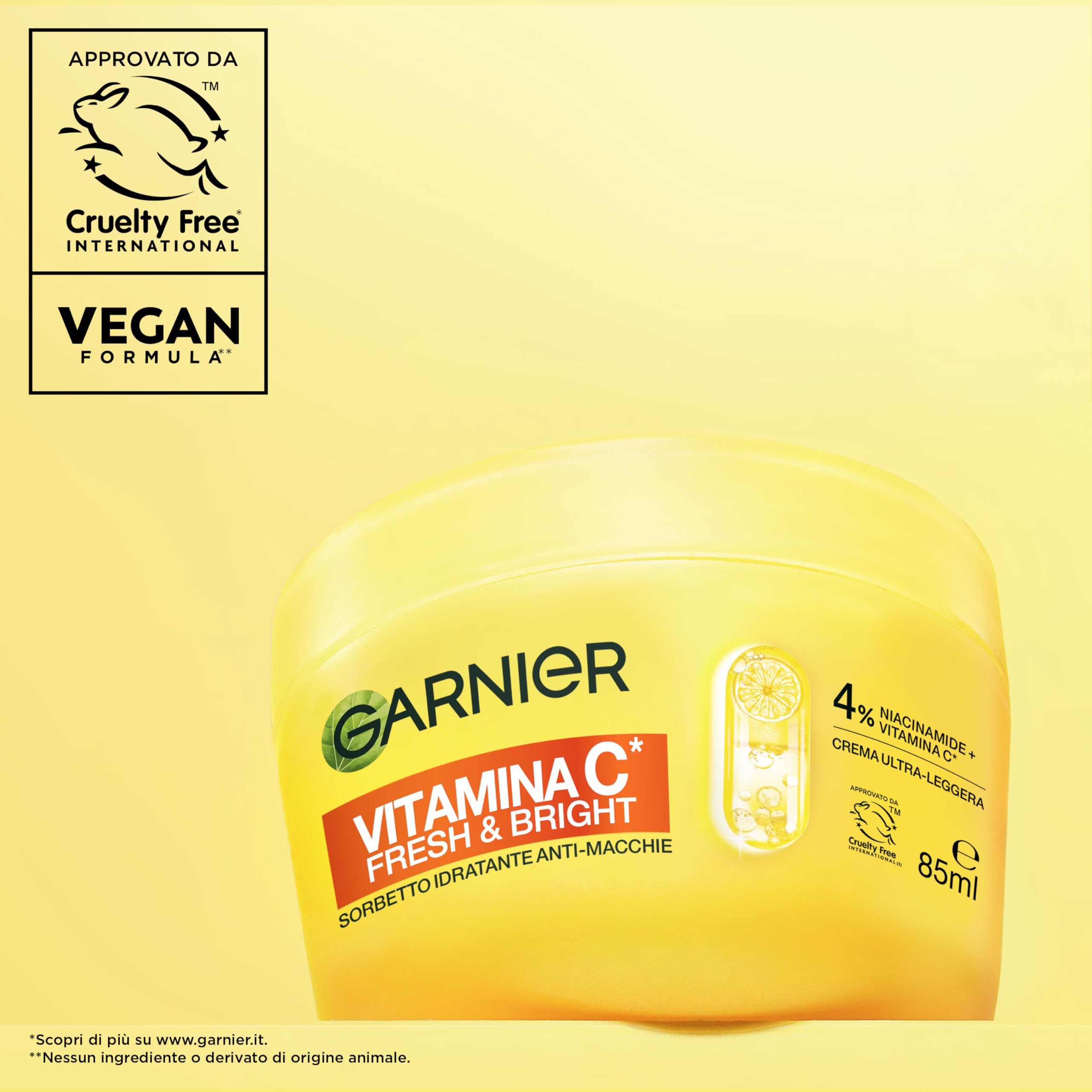 Garnier Vitamina C Fresh and Bright, Crema Sorbetto Idratante Anti-Macchie, Texture Fresca e Ultra Leggera, Con Niacinamide e Vitamina C, Formula Vegana, 85 ml