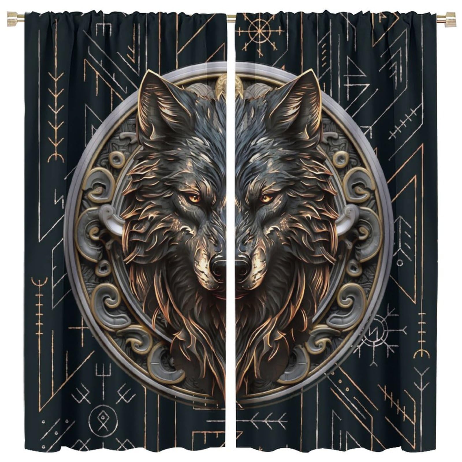 Brebasf Cool Norse Viking Wolf Rod Pocket Blackout Curtains for Living Room,Noise Reduction Abstract Modern Art Geometric Viking Wolves Window