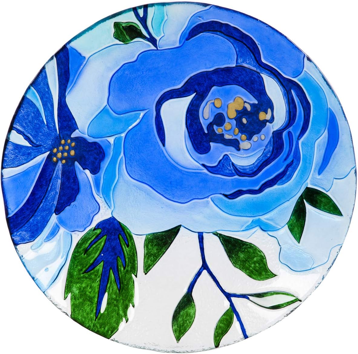 Evergreen Garden Beautiful Summer Blue Floral Outdoor Glass Bird Bath - 18 x 18 x 3 Inches Fade and Weather Resistant Outdoor Decoration for Homes, Yards and Gardens