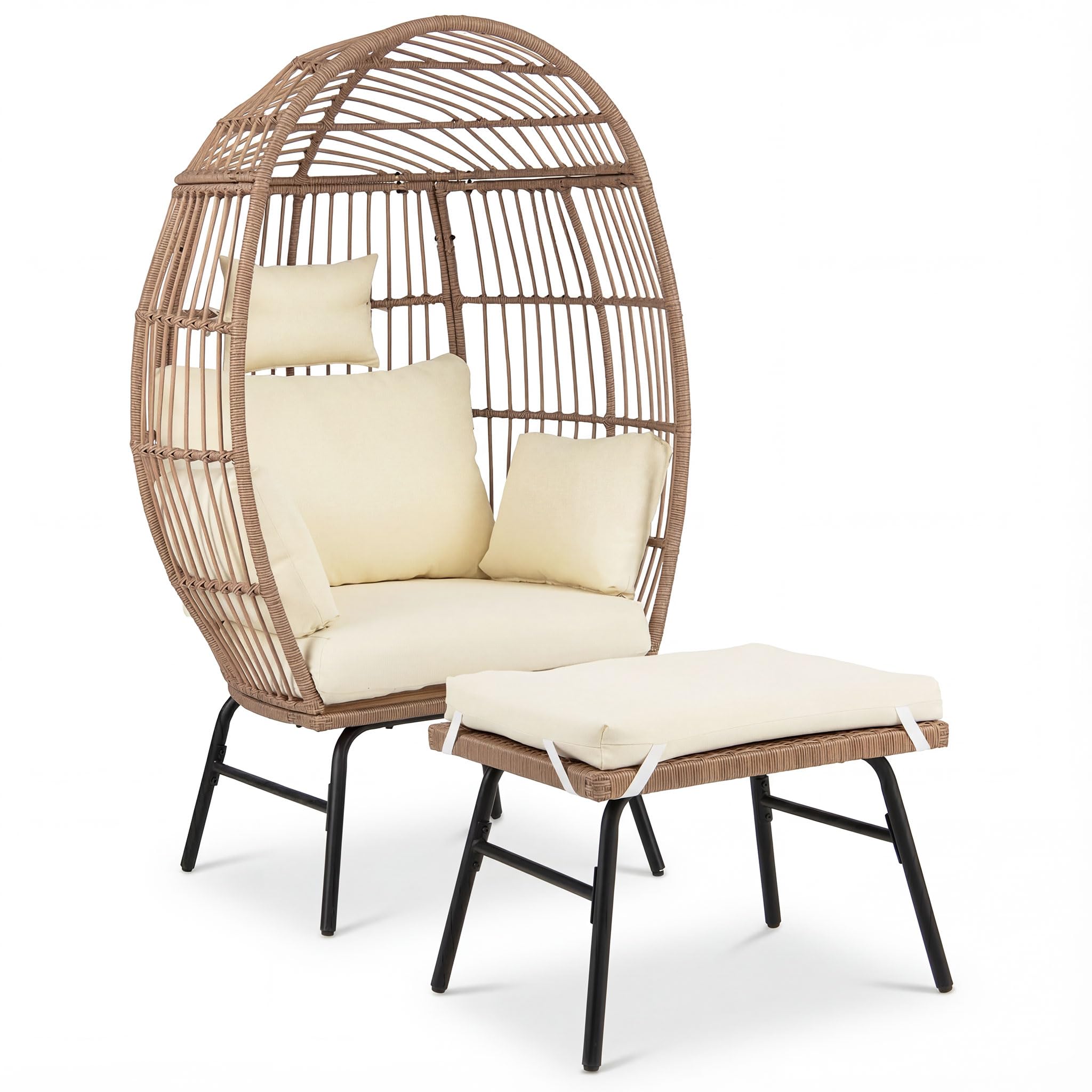COSTWAY Korbsessel Rattan mit Hocker, Gartensessel mit Kissen und Metallgestell, Rattansessel, Loungesessel für Balkon, Garten, Wohnzimmer, Terrasse, Beige