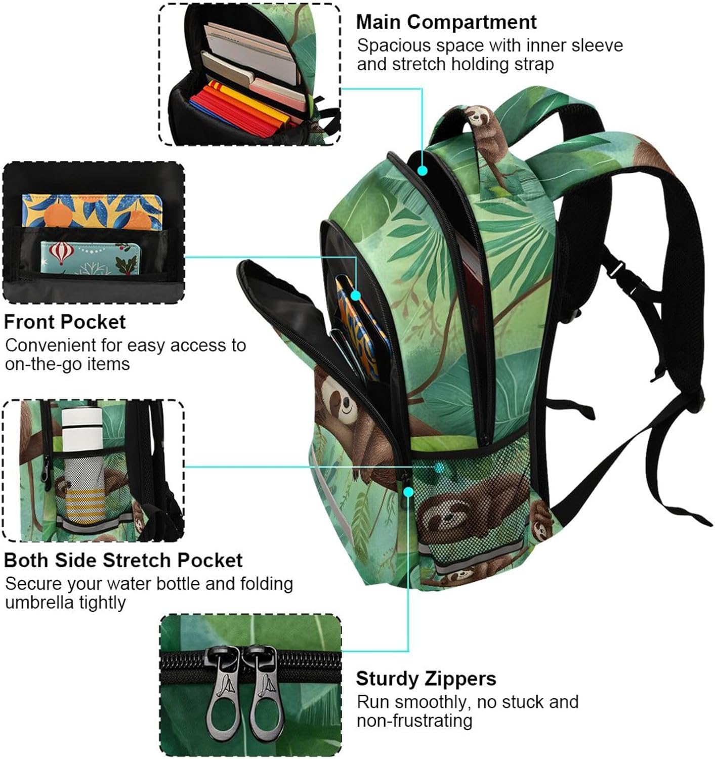 Sloth Exotic Plant School Backpack for Girls, Kids Laptop Bookbag with Reflective Strip 17in - Image 5