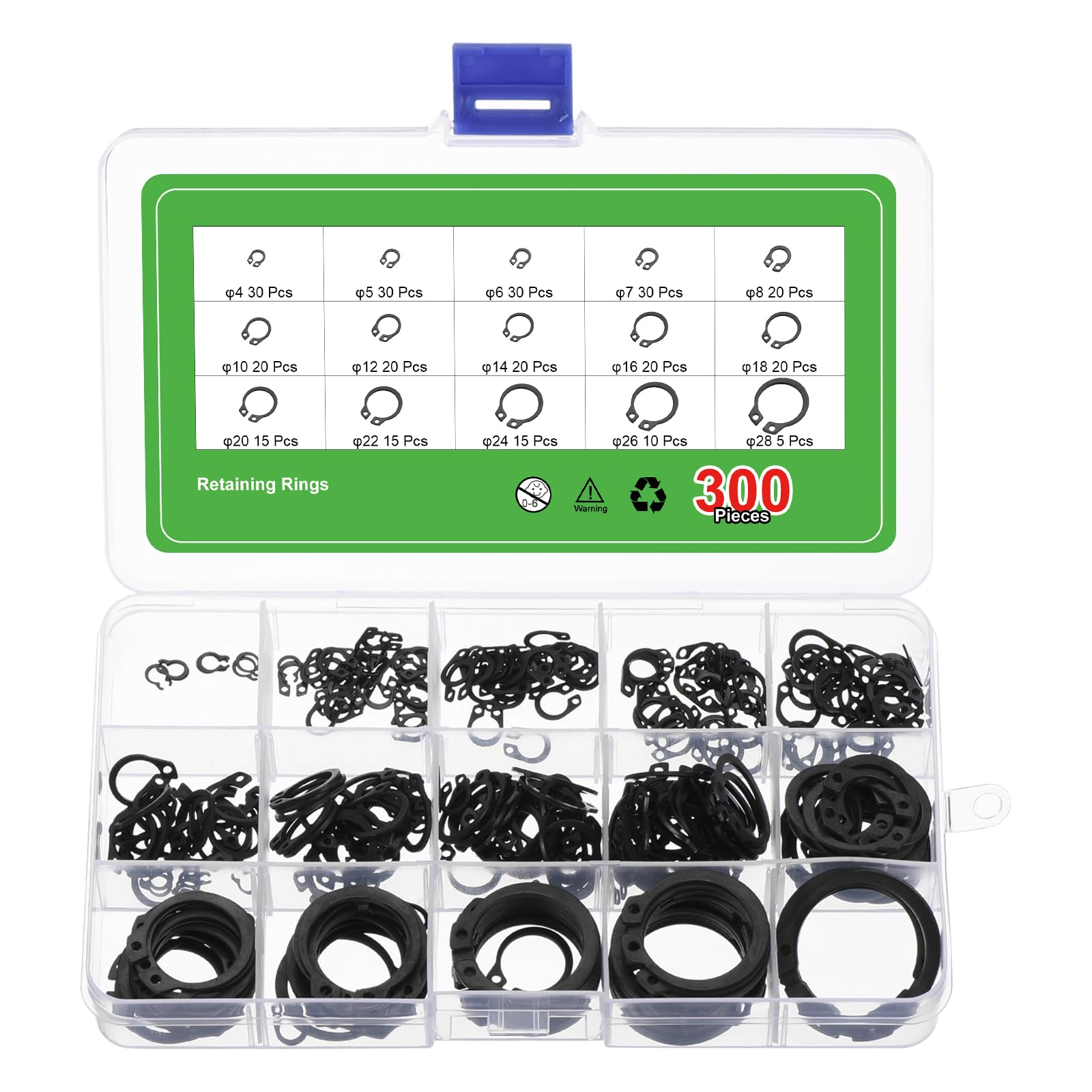 uxcell 300 Pcs External Retaining Rings, 15 Sizes 65Mn Carbon Steel External Circlip Snap Rings Assortment Kits Round Wire Snap Rings for Valves
