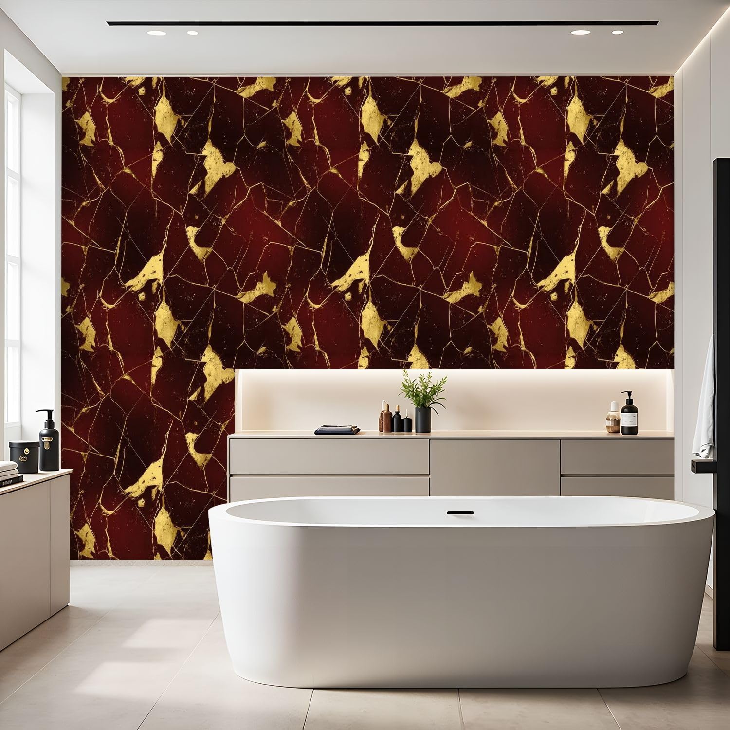 Peel and Stick Wallpaper Dark Red marble gold abstract texture Indigo blue marbling natural Wall Contact Paper 17.7"x393.7" Waterproof Self Adhesive Vinyl Covering for Bathroom Kitchen Decor