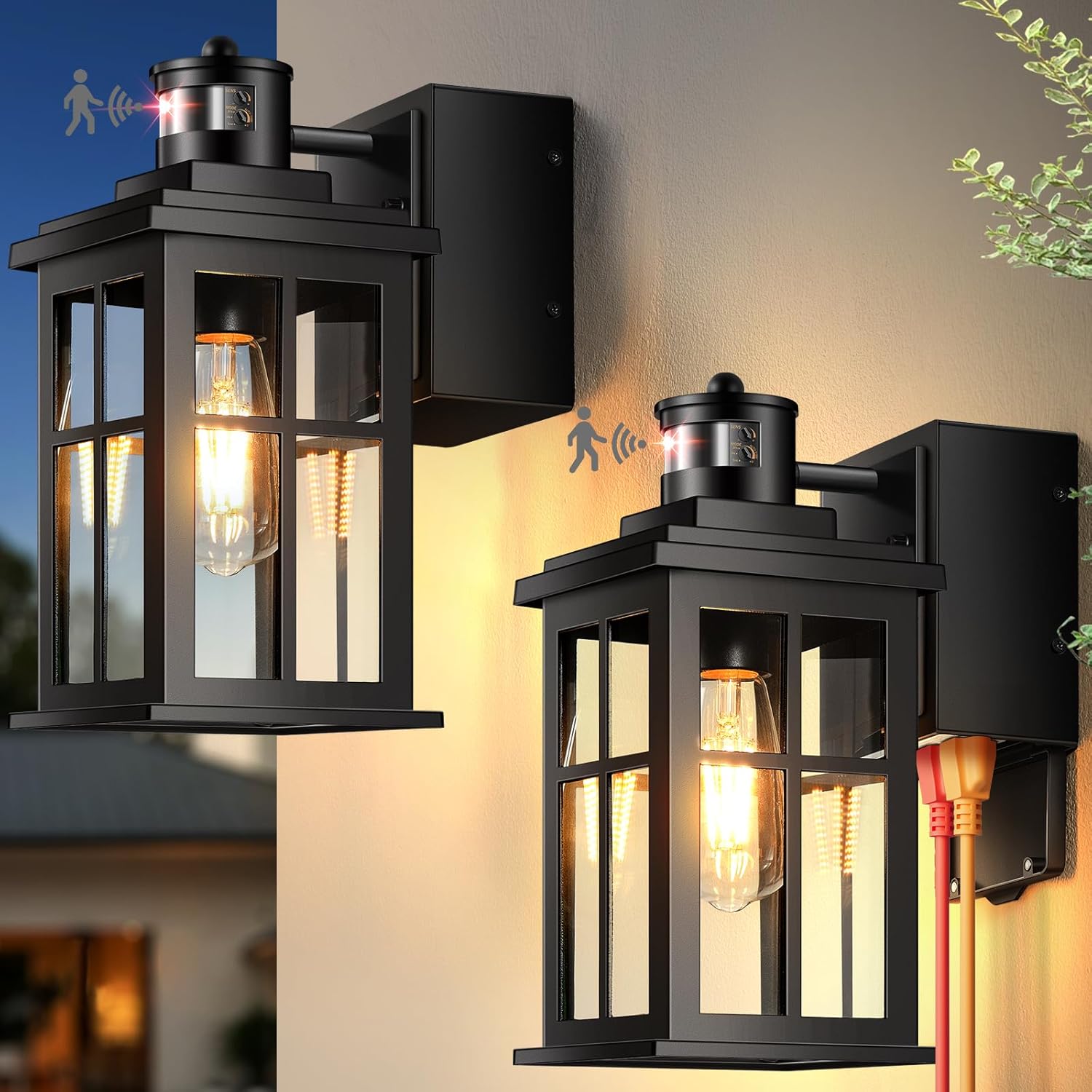 2 Pack Porch Lights Outdoor with GFCI Outlet, Distance and Time Adjustable Motion Sensor Exterior Lighting Fixtures, Black Outdoor Light Fixture for House, Patio, Garage, Waterproof, Aluminum