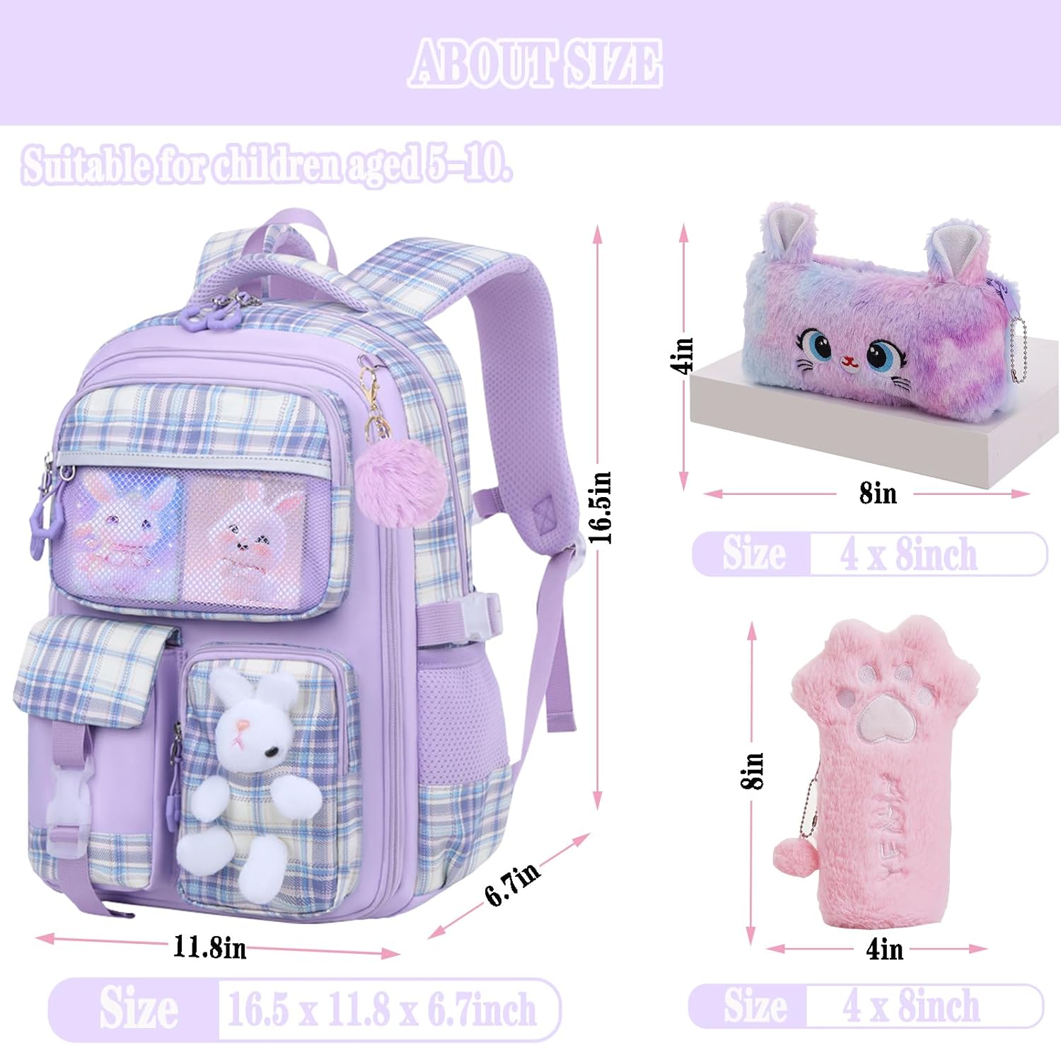 Cute Girls Backpack,Rabbit Kids School Backpack with Pencil Case, Elementary School Bag for Girls 5-10 Year Old (Purple-16.5inch) - Image 6