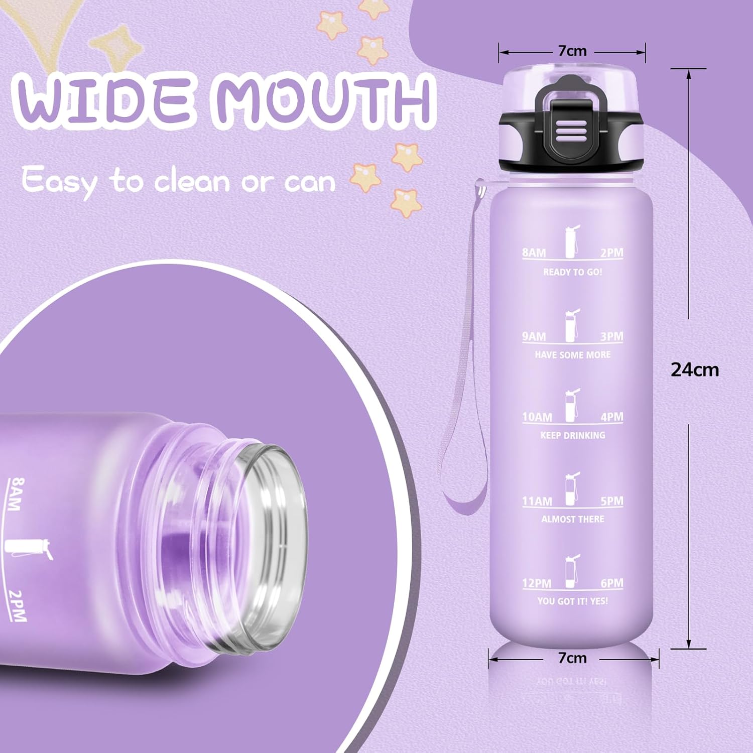 Grsta Children's Water Bottle, 500 ml, Leak-Proof Drinking Bottle with Filter, Water Bottle with Time Marking, Can Be Carried, Water Bottle for School, Office, Travel, Camping, Running, Purple