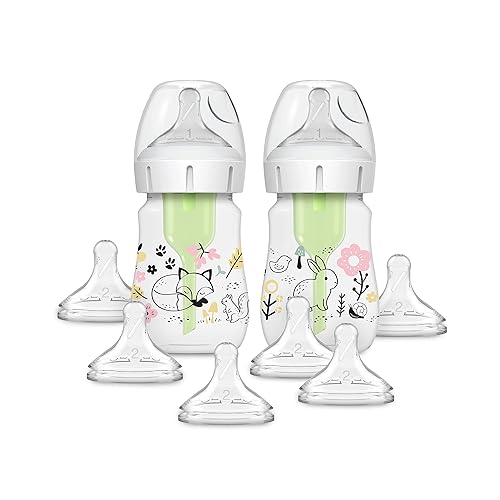 Dr. Brown's Natural Flow Anti-Colic Options+ Biberón de cuello ancho Edición Diseñador, Woodland Decos, 5 oz5.1 fl oz, pezón nivel 1, paquete de 2,