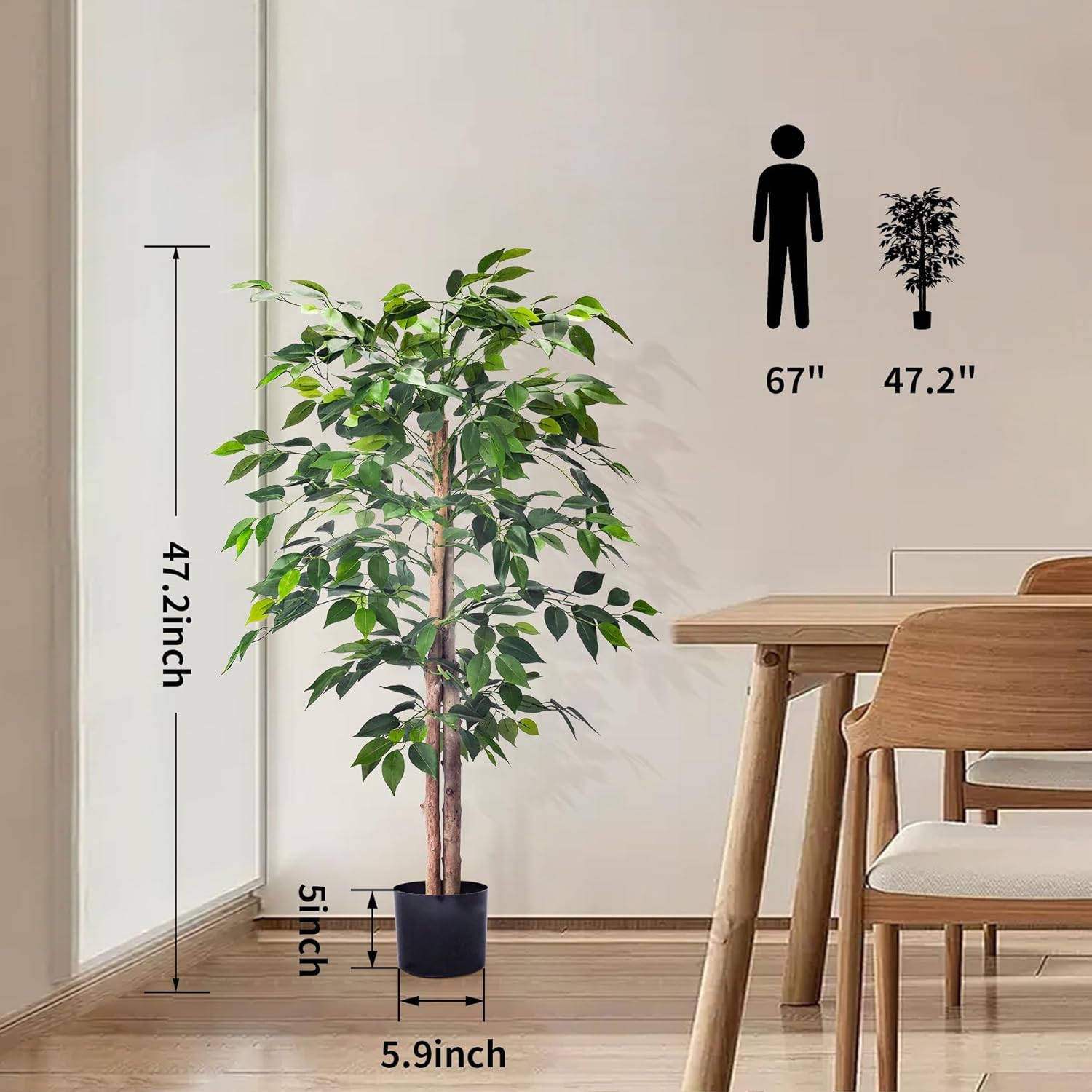 2Packs 4FT Artificial Ficus Trees with Realistic Leaves and Natural Trunk, Faux Ficus Tree with Sturdy Plastic Nursery Pot, Fake Ficus Tree for Office Home Farmhouse for Indoor Outdoor Decor - Image 5