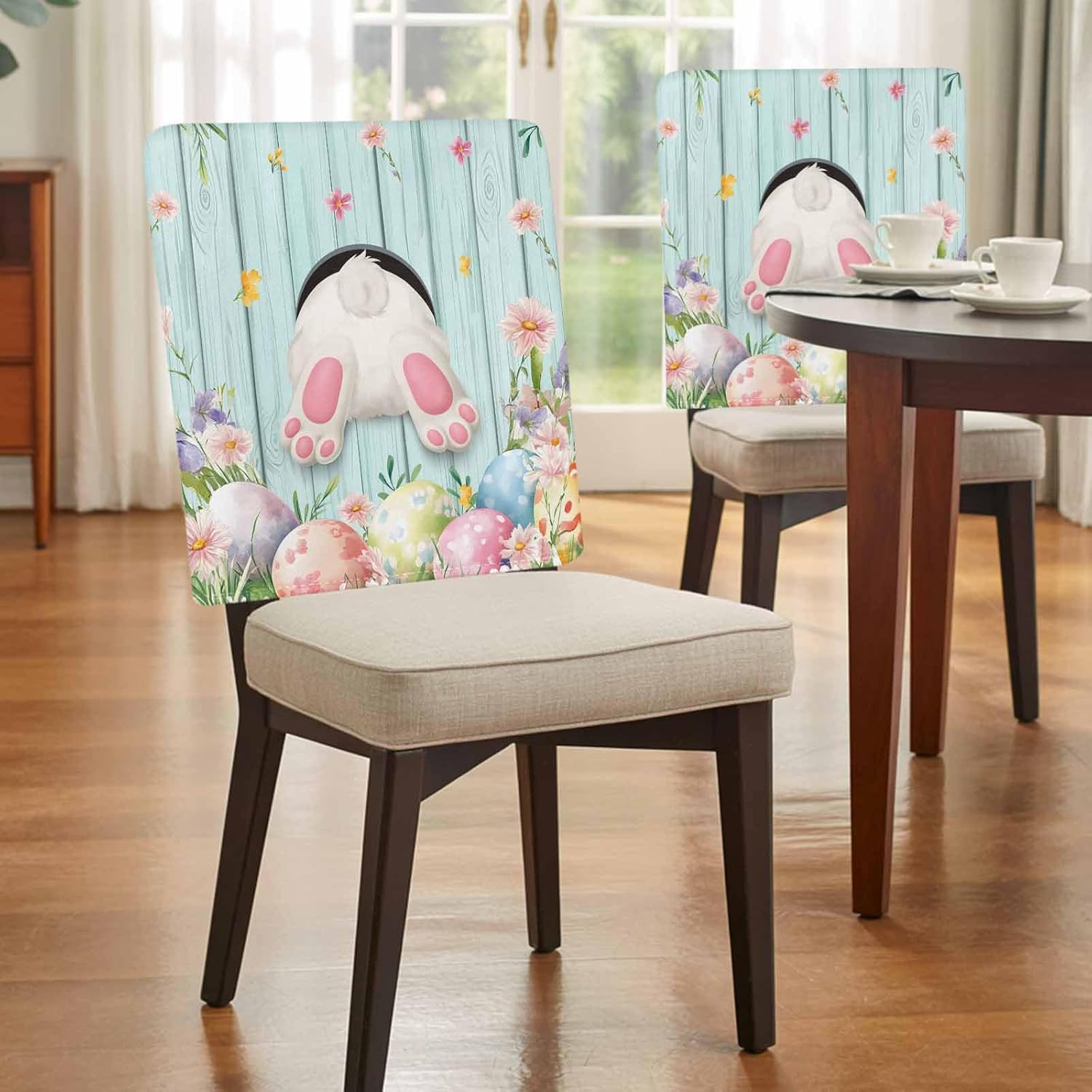 LooPoP Easter Chair Covers Set of 8 Bunny Eggs Chair Slipcover Protector Stretch Chair Covers Spring Floral Teal Wood Grain Chair Back Covers for Dining Chairs Kitchen Dinner Spring Holiday Party