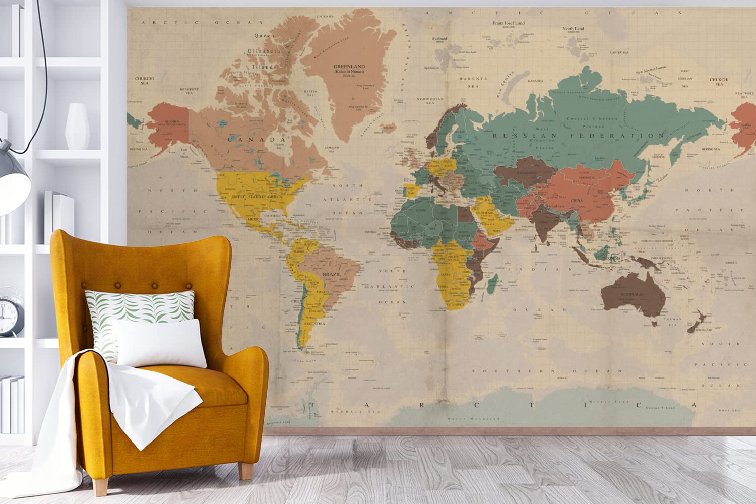 Selbstklebend Tapete Wandpapier Wandaufkleber Fototapete Tapeten Wanddeko 330x220 cm Weltkarte - Vintage - Atlas - Kind - Kind - Mädchen