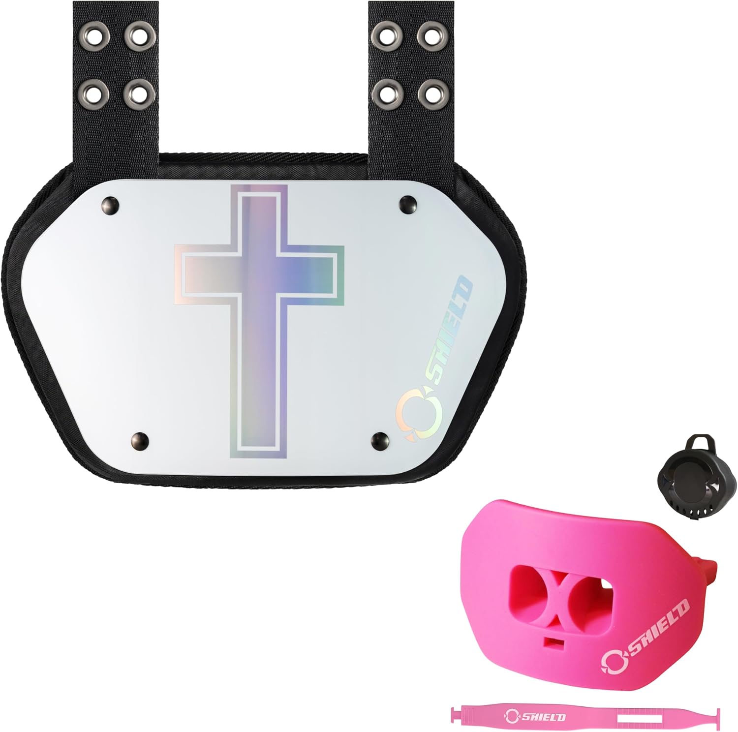 O Shield Holy Cross White Football Backplate with Pink Mouthguard, Backplate Football with Mouthguard, Sold by Package, Youth Fit