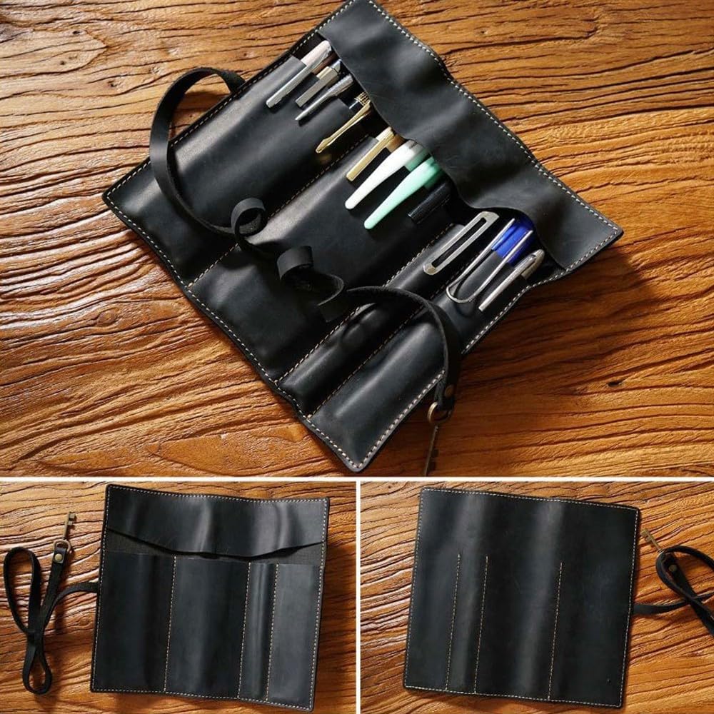 DONGKER Leather Pen Bag,Roll-Up Leather Wrap Pen Pouch, Foldable Pencil Roll Organizer for Student Artist Drawing Coloring - Image 2