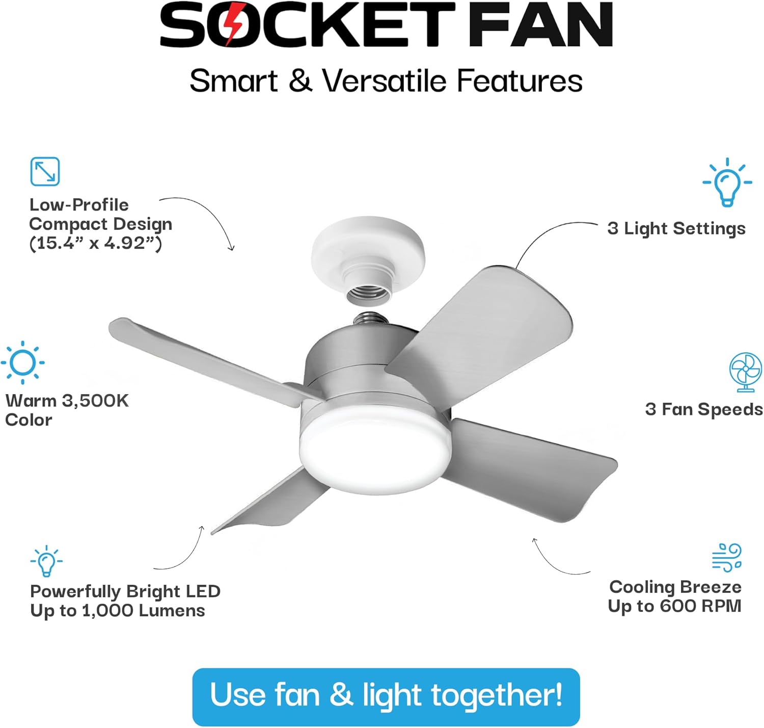 Bell+Howell Socket Fan Light Original – Warm Light Ceiling Fans with Lights and Remote, Ceiling Fan with Replacement for Light Bulb/Ceiling Fan for Bedroom, Kitchen, Living Room, 1000 Lumens - Silver