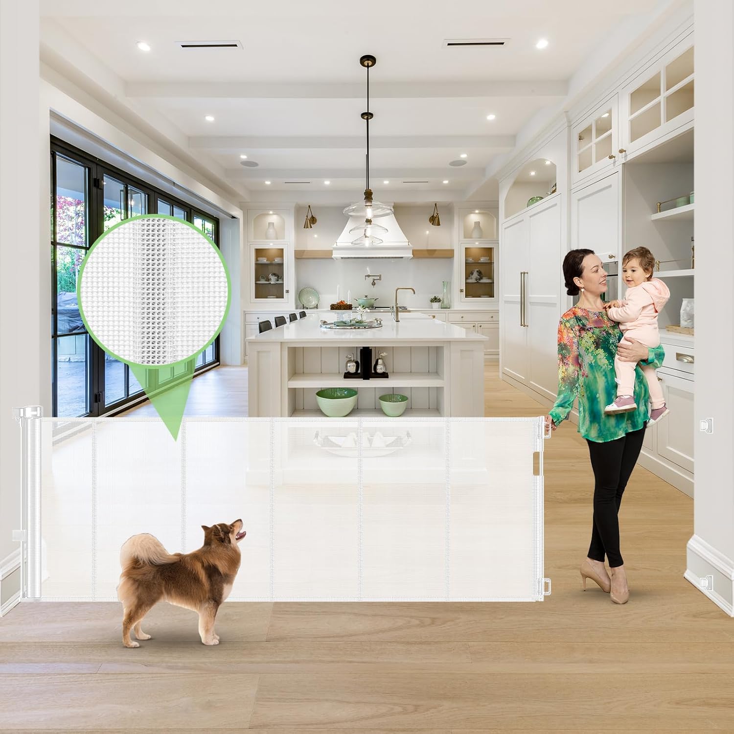 White Reinforced 120 Inch Extra Long Retractable Baby & Dog Gate with Support Rods Prevents Crawling Under, 10 Ft Wide for Large Openings, Indoor/Outdoor Gate, White