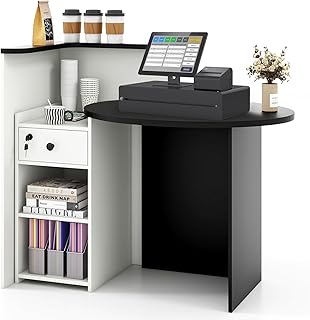 CASART Reception Desk, Cashier Counter Desk with 3-Position Adjustable Shelf & Lockable Drawer, Modern Retail Counter Desk Commercial Office Desk for Salon Clothing Store Restaurant (Black)