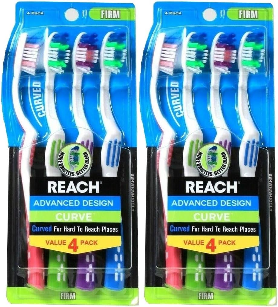 Reach Advanced Design Curve Firm Toothbrushes, 4 Count (Pack of 2) Total 8 Toothbrushes, Colors