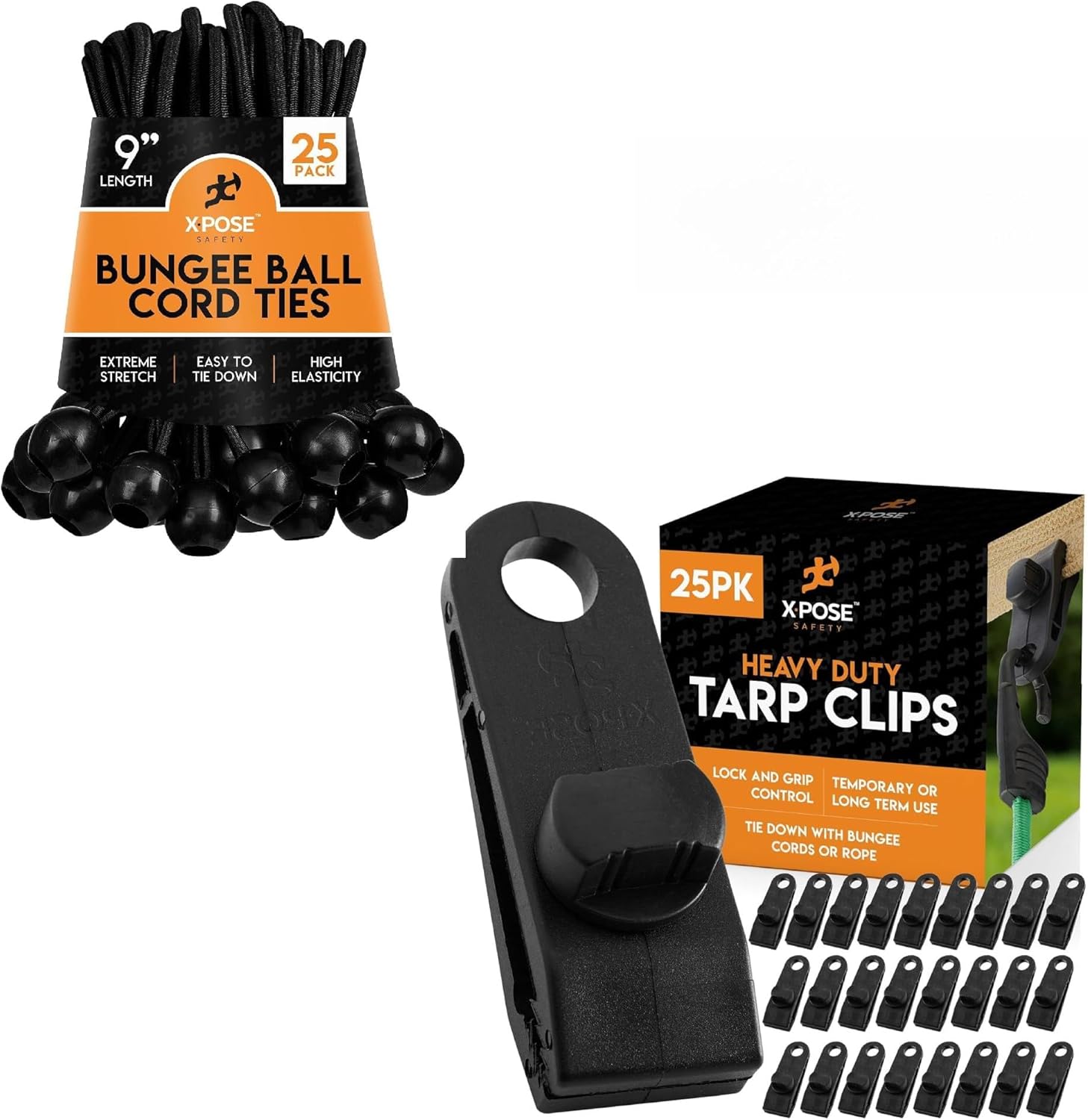 25-Pack Heavy Duty Reusable Tarp Clips & 25-Pack 9" Black Bungee Ball Cords for Canopy Tents, Awning, Camping, Boat Covers, Car Covers, Pools & Sun Shades by Xpose Safety