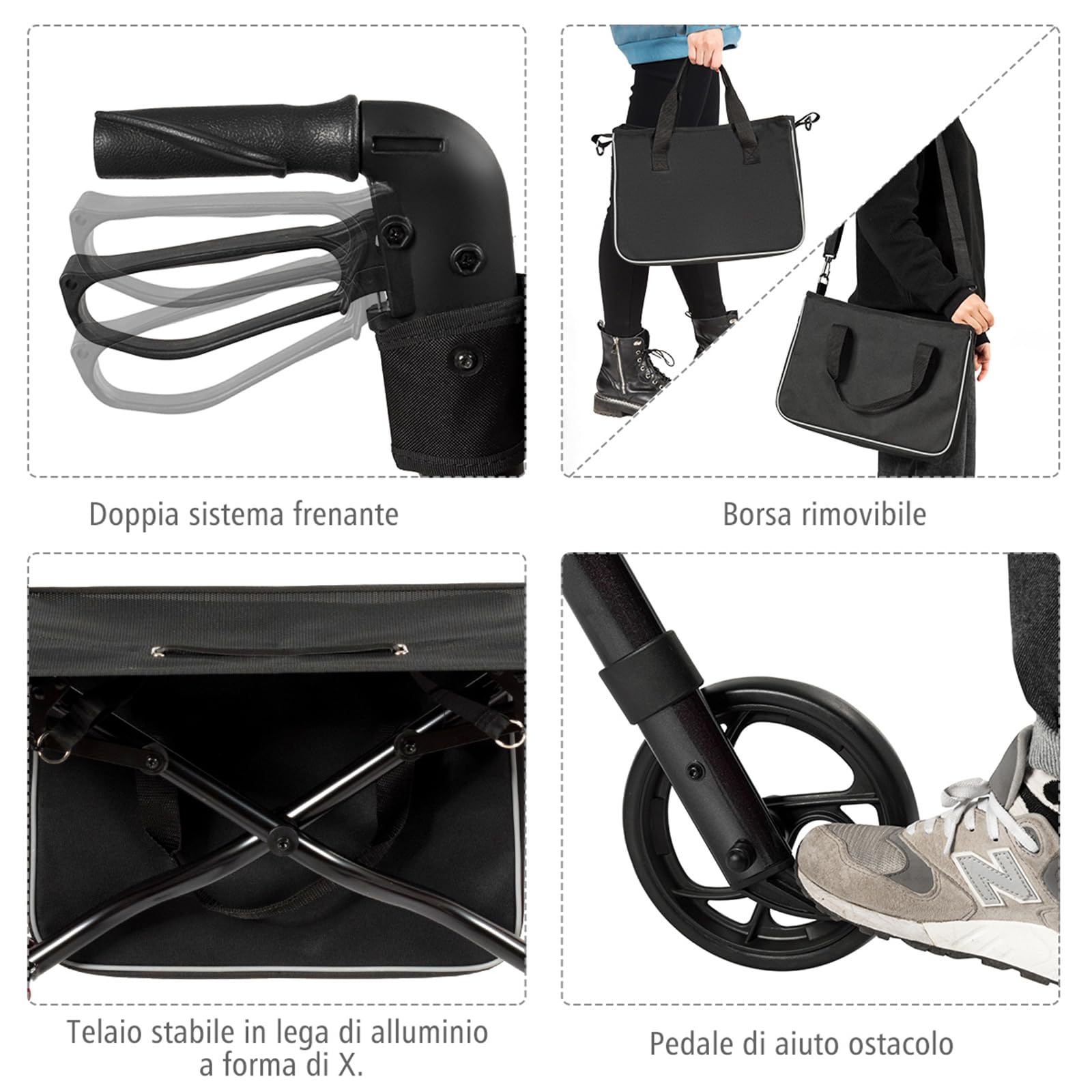 COSTWAY Deambulatore Pieghevole per Anziani Ultraleggero, con Sedile Borsa da Spesa e 4 Ruote Freno a Mano, Rollator Altezza Regolabile, Capacità 136kg, Lega di Alluminio, Nero (Nero)