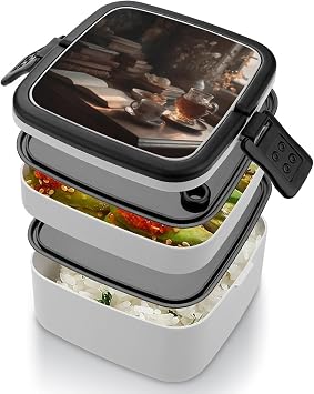 Bento Box Adult Lunch Box Lunchable Food Container with Utensil Drink Tea And Read A Book Lunchbox Leak-Proof Lunch Containers Double Layer Bento Box for Dining Out Work Picnics Travel