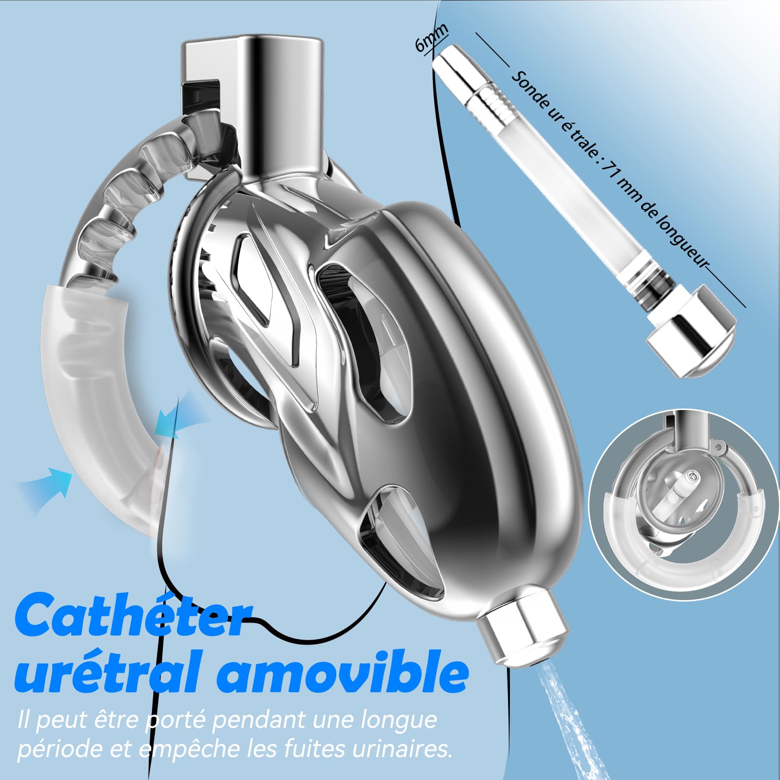 Cage de chasteté pour homme - Jouet sexuel pour adulte - Himitsuna grande cage légère avec cathéter urétral souple et 7 tailles réglables - Cage à pénis avec serrure BDSM Bondage