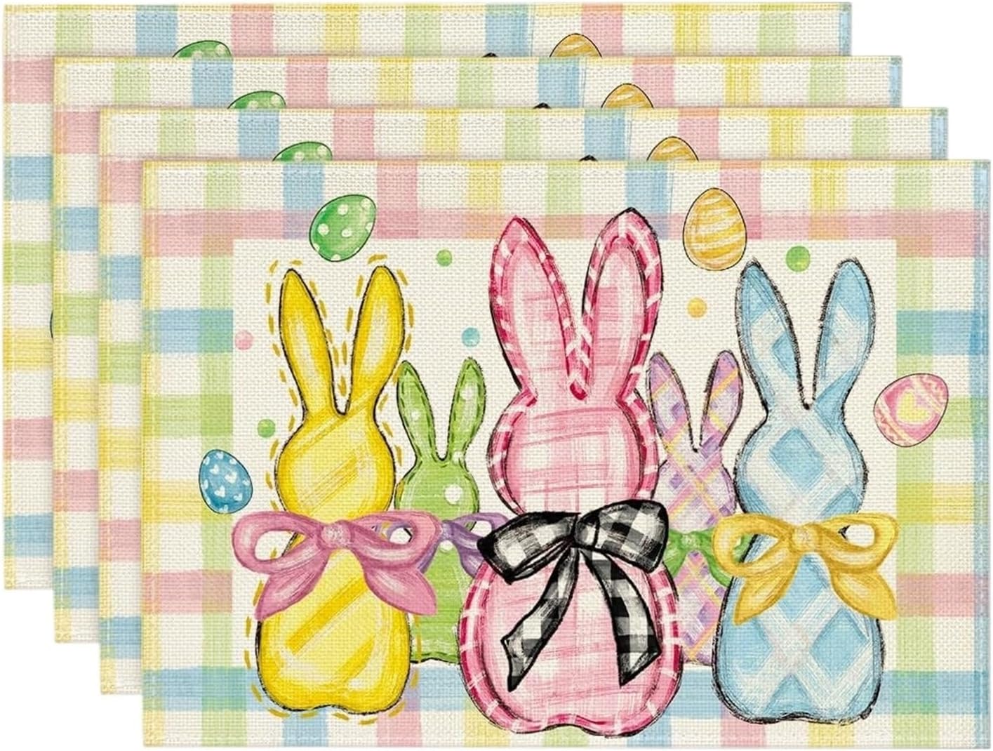 Colorful Buffalo Plaid Bunny Rabbits Happy Easter Placemats Set of 4, 12x18 Inch Spring Holiday Table Mats for Dining Decor(1p)