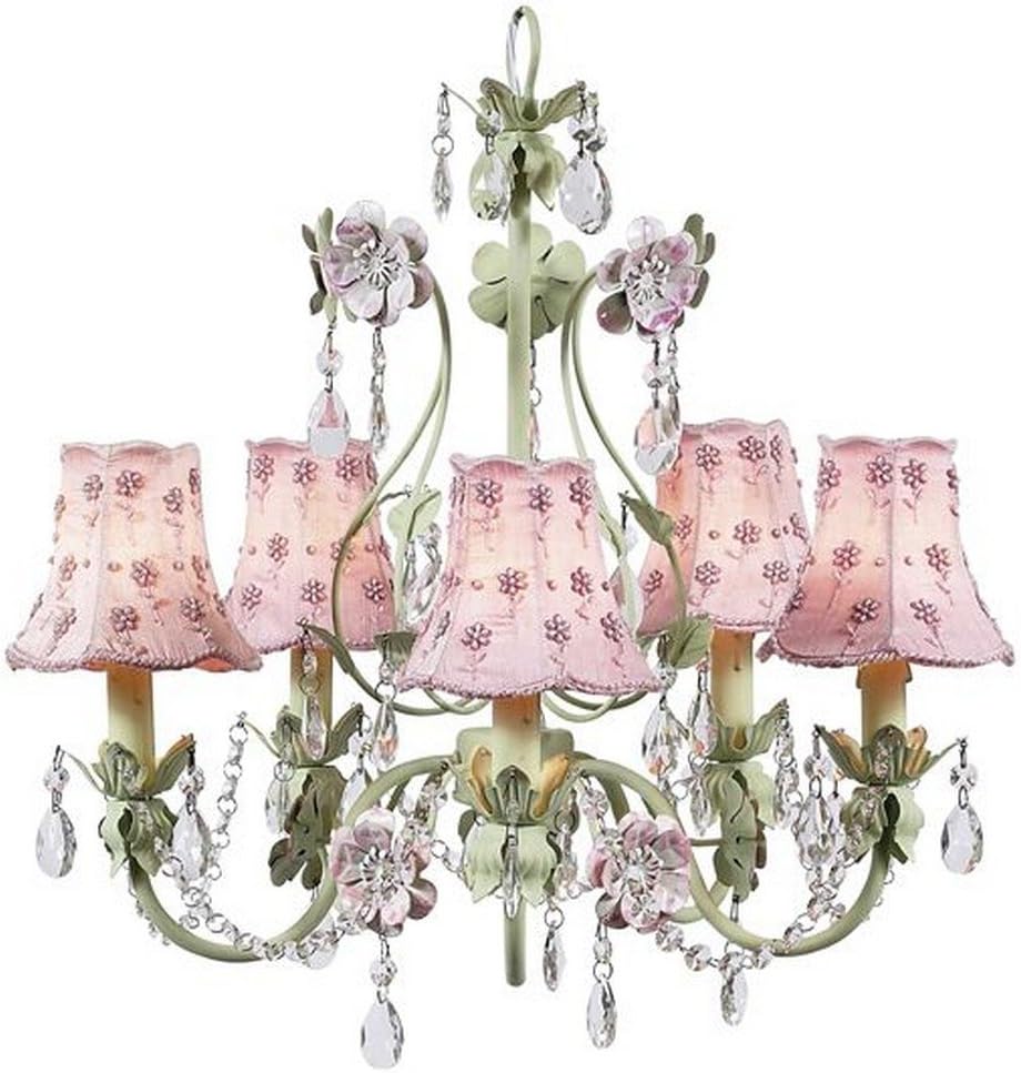 7469-2171 5 Arm Pink/Green Flower Garden Chandelier with Pink Daisy Pearl Shade