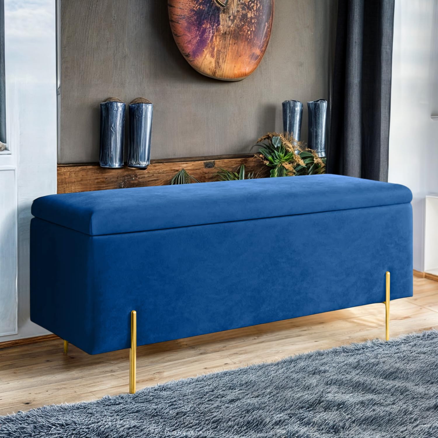Harveys Living Plain Ottoman Storage Box - Engineered Wood Luxurious Plush Velvet Ottoman Storage Bench (Blue, Legs) โ image 1