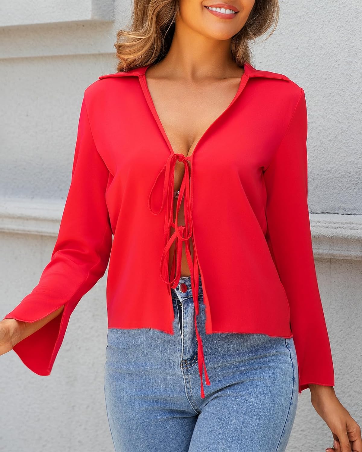 Womens Satin Blouses Going Out Tie Front Tops Sexy Deep V Neck Collared Long Sleeve Shirts - Image 4