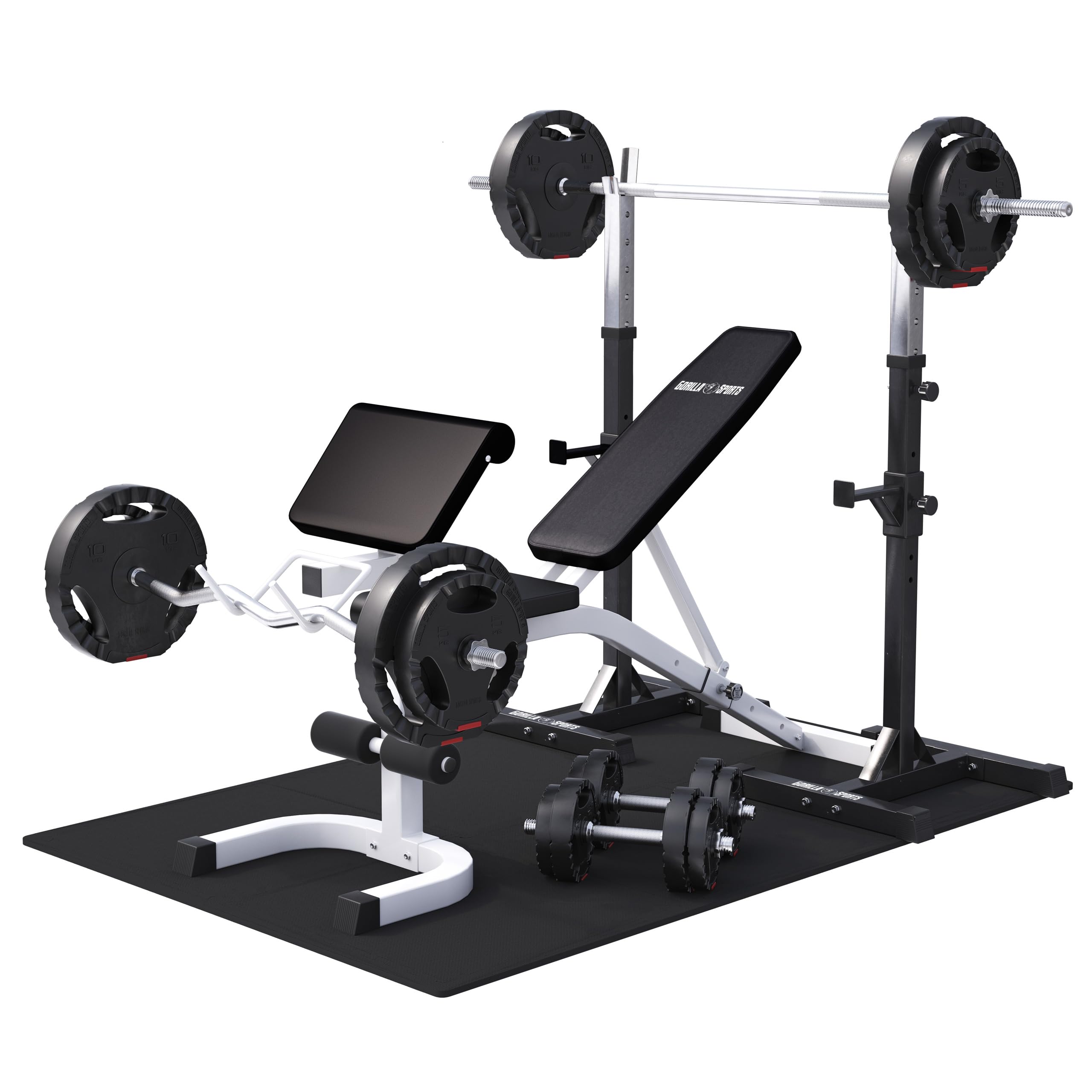 GORILLA SPORTS® Banc de Musculation Multifonction - Kit d'Haltères 100kg, à Tapis de Protection Sol, Curl Pult, Support Barre, Réglable - Banc Haltérophilie, Pliable, Set Entraînement Complet, Fitness