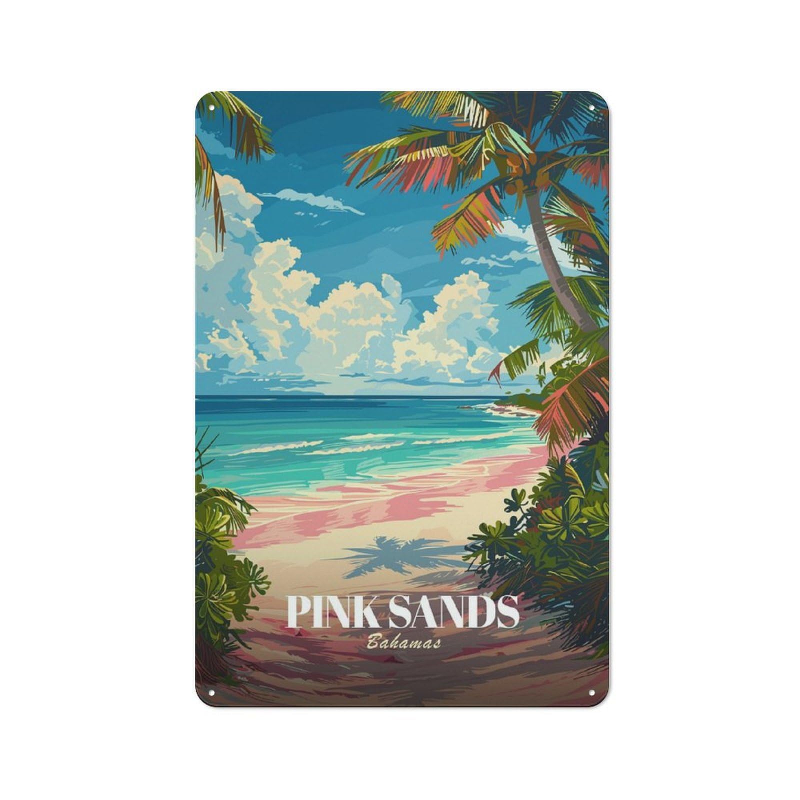 Junmoney Style-19 For Hobby Room Or Studio, Pink Sands Bahamas Travel Poster Retro Metal Sign 30X20cm, A Decorative Gift For A Newly Furnished Hobby Room And Studio