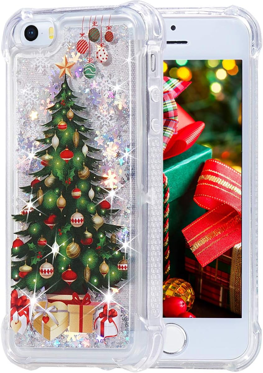 FLOCUTE iPhone 5 5s SE Case, iPhone 5s Glitter Christmas Case Bling Sparkle Floating Liquid Soft TPU Cushion Luxury Fashion Girly Women Cute Festival Holiday Case for iPhone 5 5s SE (Christmas Tree)