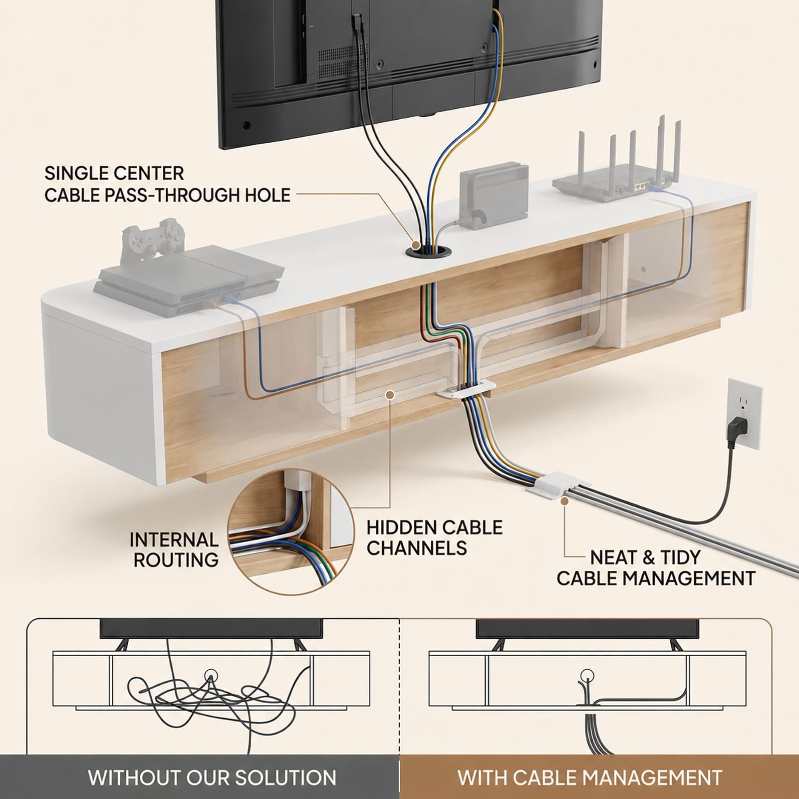 Schwebende TV Schrank 140cm Weiß, TV Lowboard Hängend mit 2 Schubladen & 1 Klappen Türen, TV Board Hängend mit Kabelmanagement, Hänge Sideboard für Wohnzimmer und Esszimmer