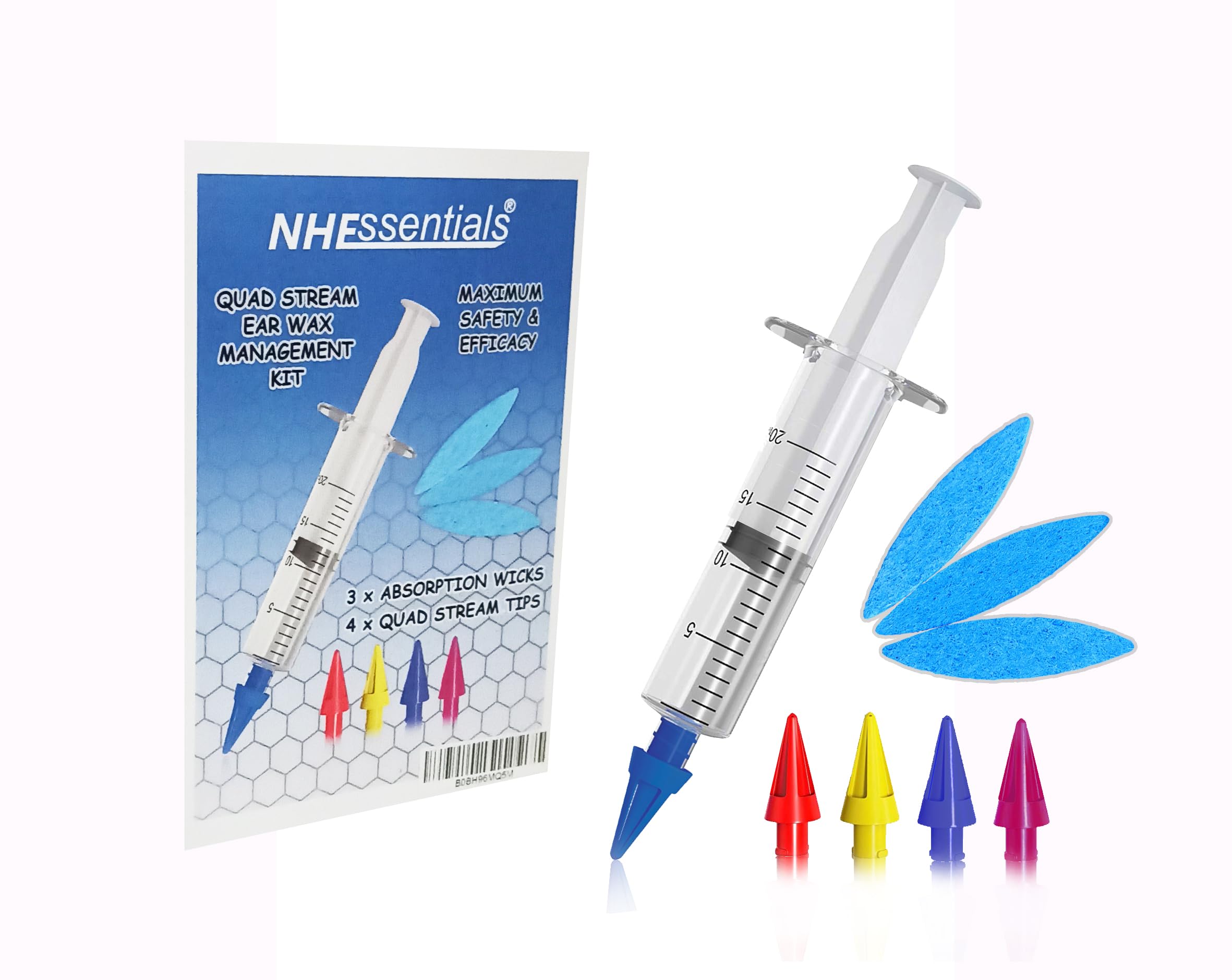 Ear Wax Removal Syringe 20ML Capacity with 4 Soft Silicone Quad Tips & 3 x Post Treatment Water Removal Wicks