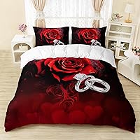 Vista 18 de AILONEN Juego de funda de edredón de rosas rojas tamaño Queen, juego de ropa de cama 3D con rosas rojas aceitadas para niñas, funda de edredón