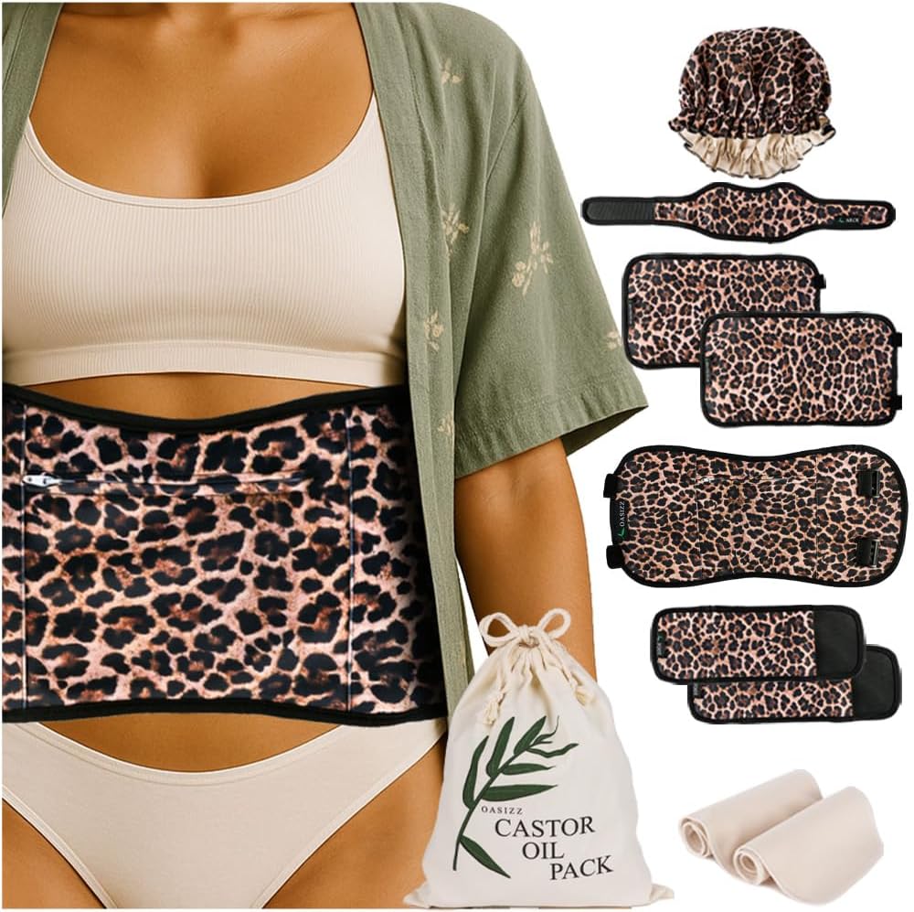 Premium Reusable Castor Oil Pack Wrap Kit (10-Piece, S–5X, Cheetah) - Plush 100% Double Brushed Cotton Flannel Interior Layers, Dark Fabric Hides Stains, Leak-Resistant Adjustable Design